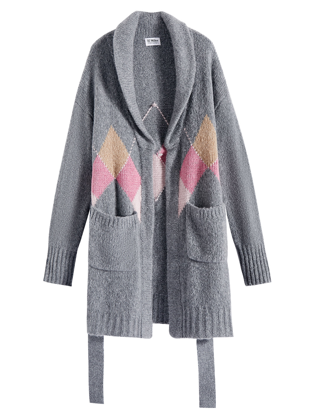 Flatlay photo of Tuscany in flannel grey. The sweater is long and oversized and made of wool, cashmere, and nylon. The sweater features a tie around the waist and patch pockets.