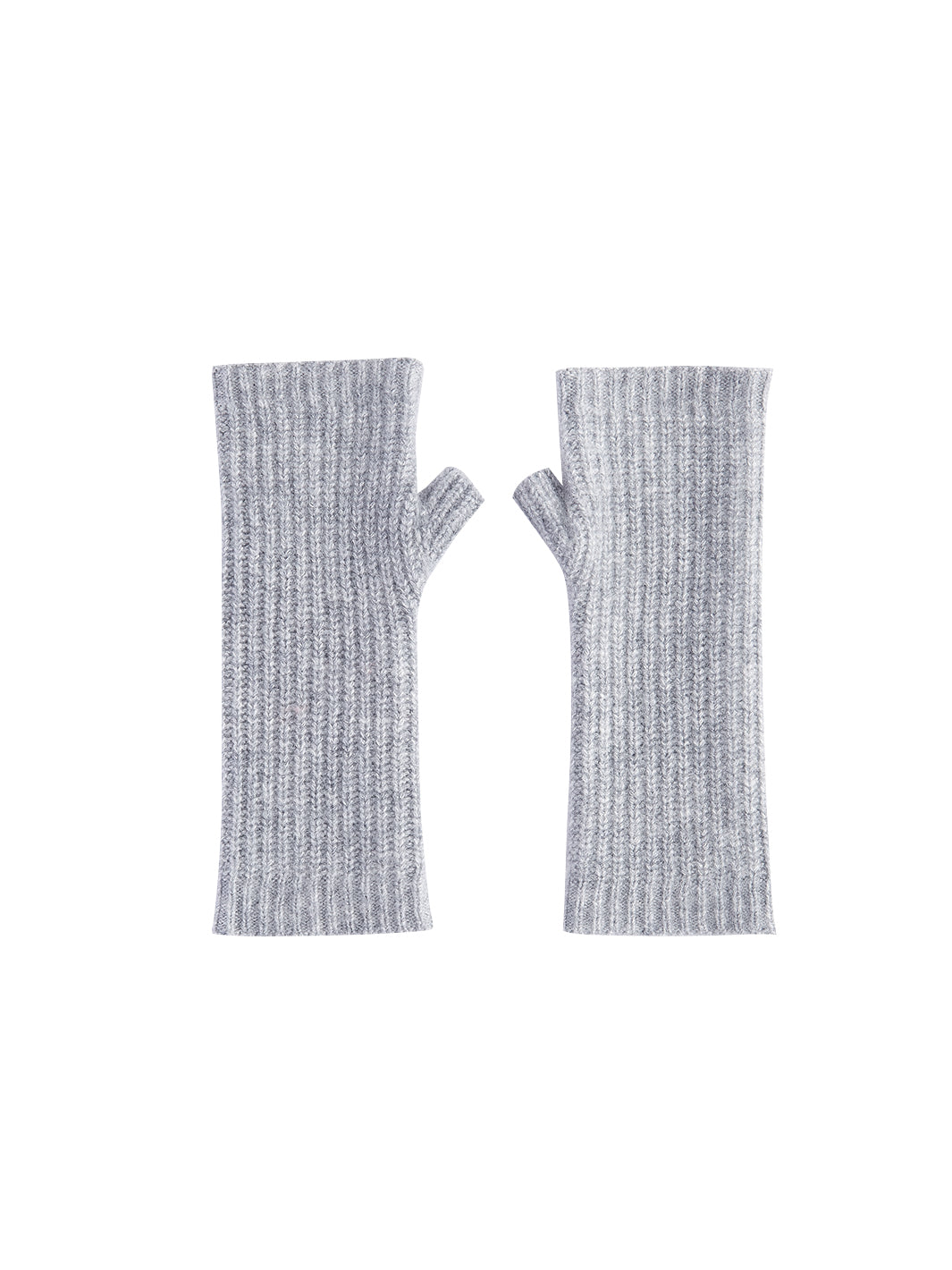Flatlay photo of Argento hand warmers in heather grey. The fingerless gloves are made of 75% cashmere and 25% filament silk.