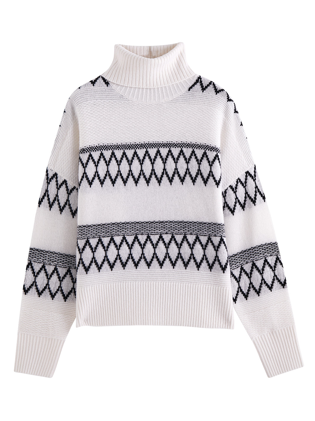 Flatlay photo of Talula in cloud white. The sweater is oversized and made of 70% wool and 30% cashmere. The sweater is a turtleneck with a wrap-around diamond pattern.