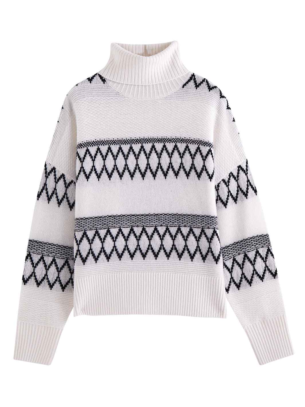 Flatlay photo of Talula in cloud white. The sweater is oversized and made of 70% wool and 30% cashmere. The sweater is a turtleneck with a wrap-around diamond pattern.