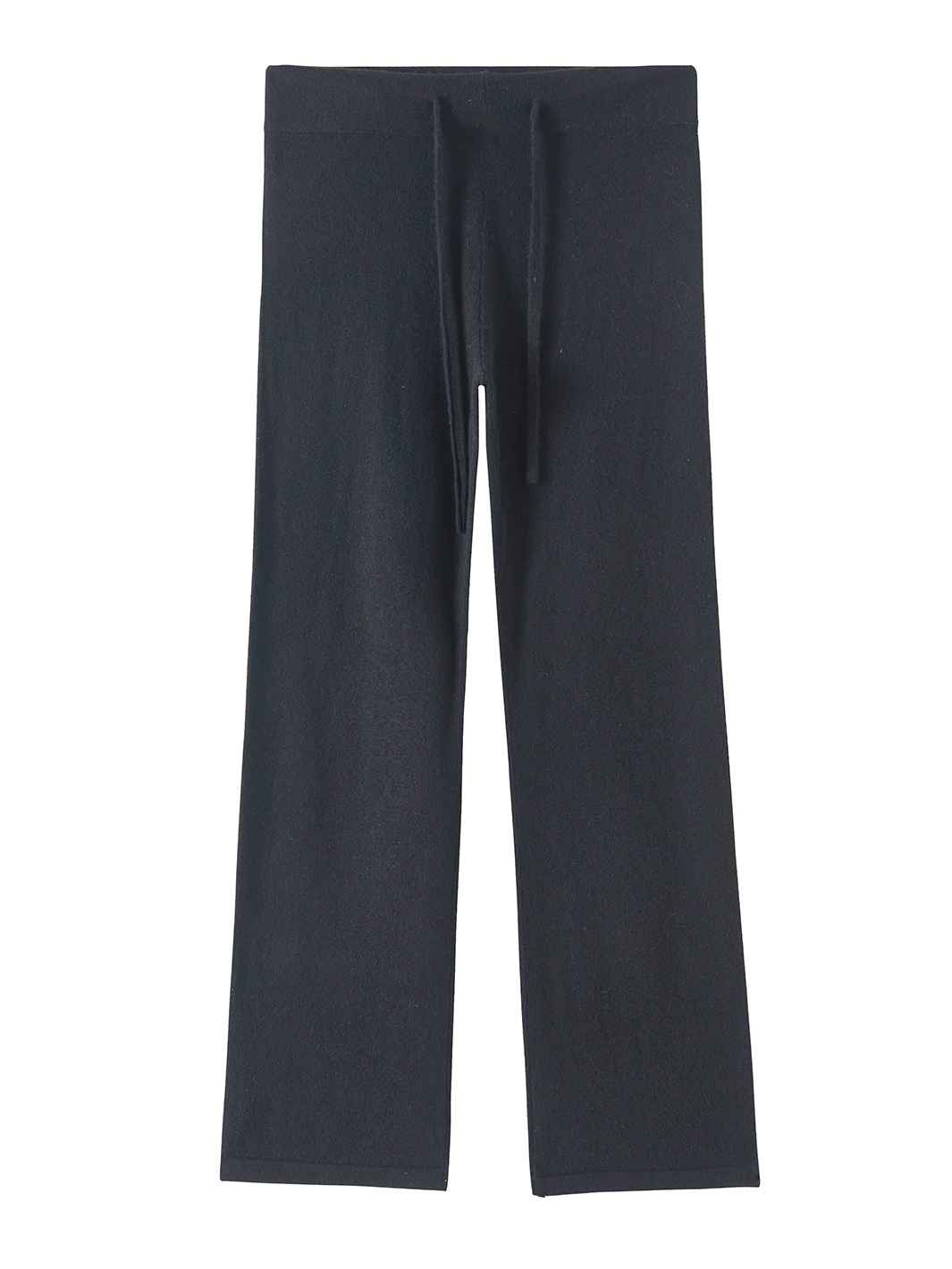 Flatlay photo of Kaite in black. The lounge pants are straight fit and made of cashmere and recycled cashmere.