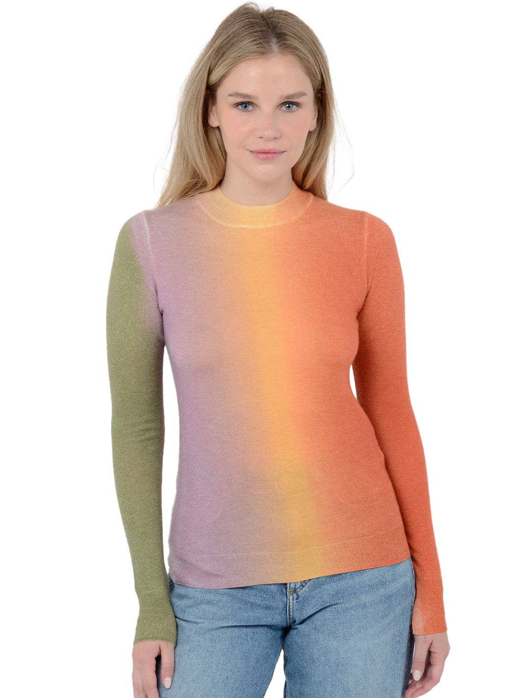 Front facing shot of model wearing Zorina in dayglow. The sweater is fitted and made of 100% cashmere. The sweater is a mock neck and features a horizontal gradient.