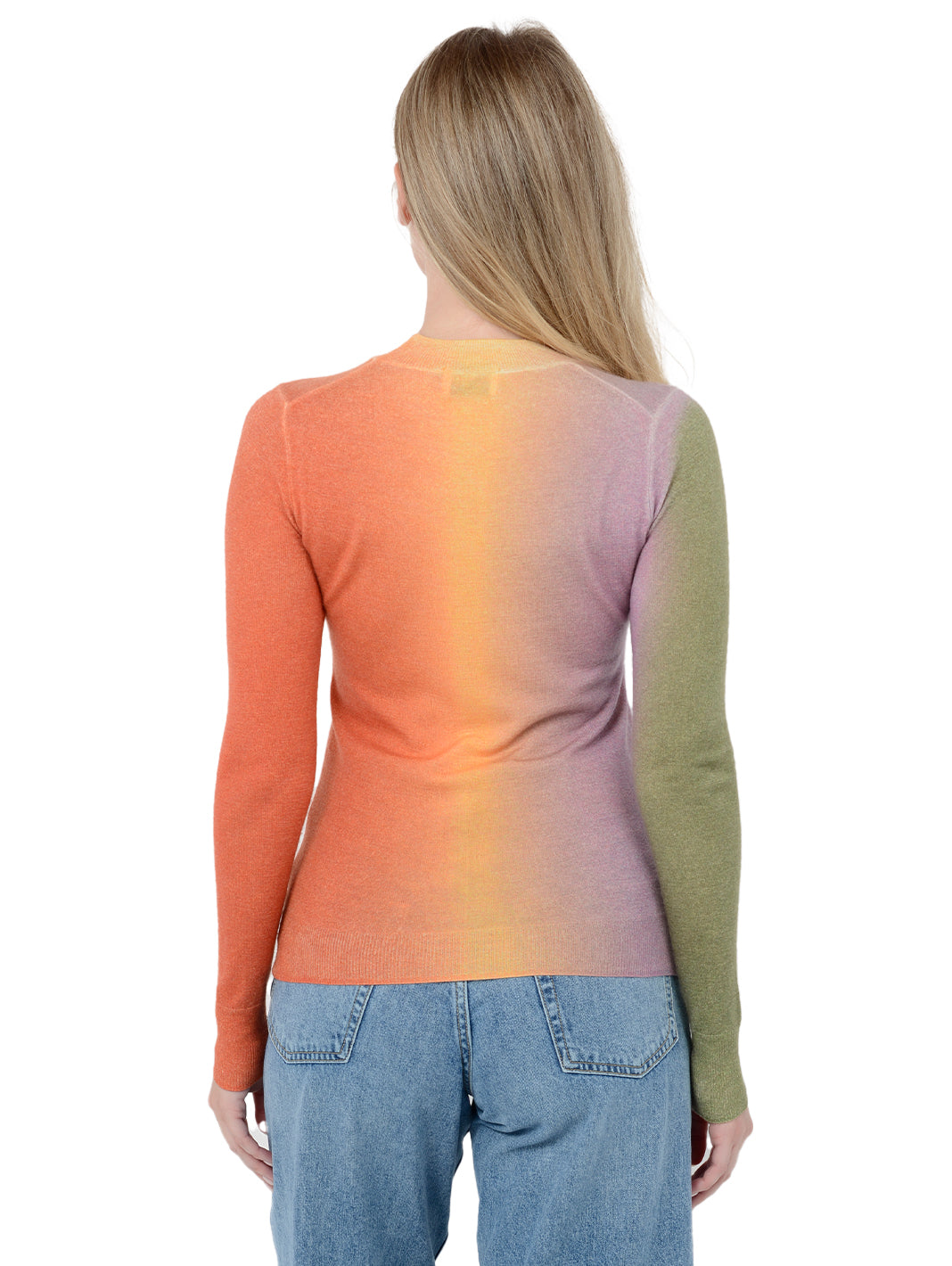 Back facing shot of model wearing Zorina in dayglow. The sweater is fitted and made of 100% cashmere. The sweater is a mock neck and features a horizontal gradient.