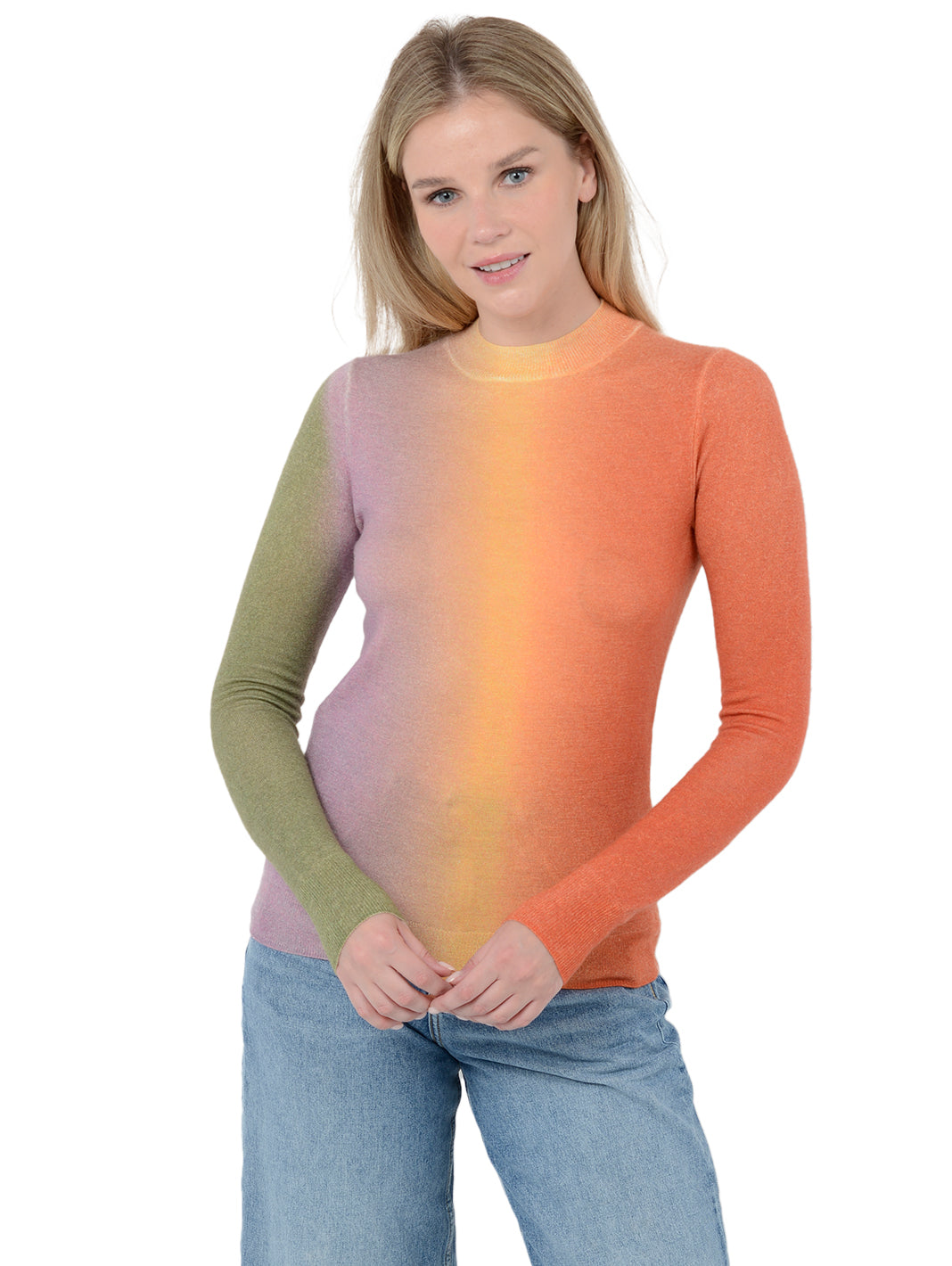 3/4 front facing shot of model wearing Zorina in dayglow. The sweater is fitted and made of 100% cashmere. The sweater is a mock neck and features a horizontal gradient.