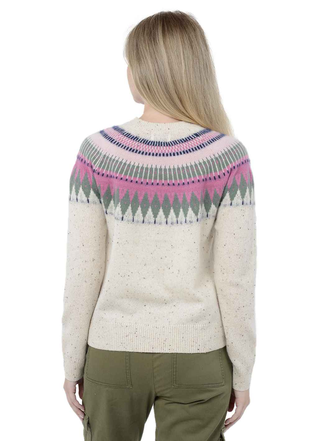 Back facing shot of model wearing Salena in Pebble Cream. The sweater is relaxed and made of 100% cashmere. The sweater also sports a fairisle knit design across the chest and neck.