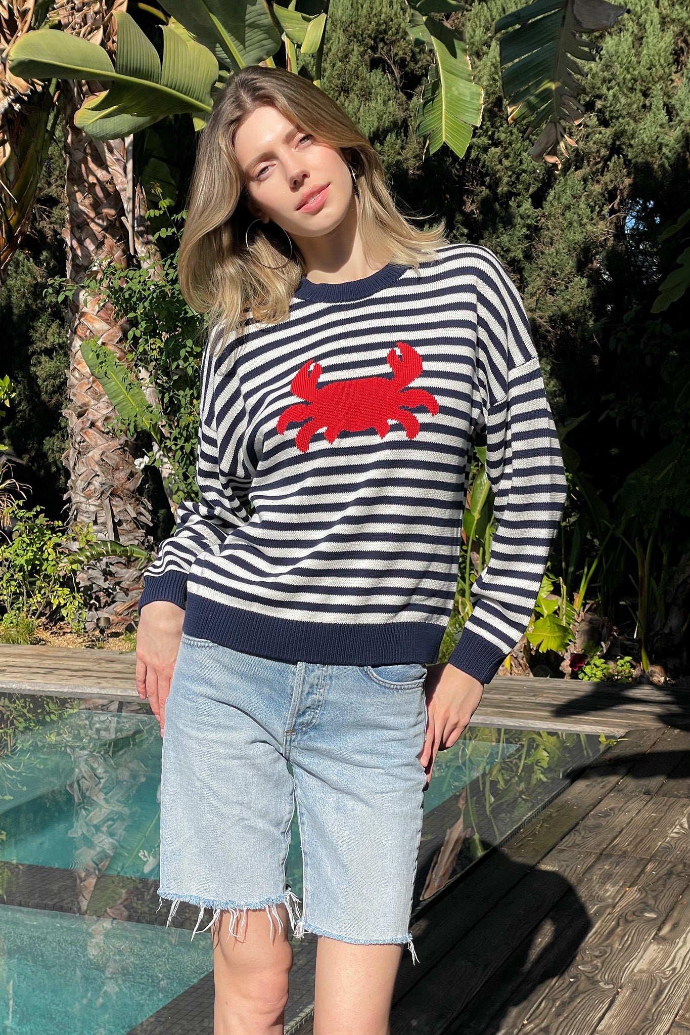 Sonja Cotton Striped Crew With Crab Graphic