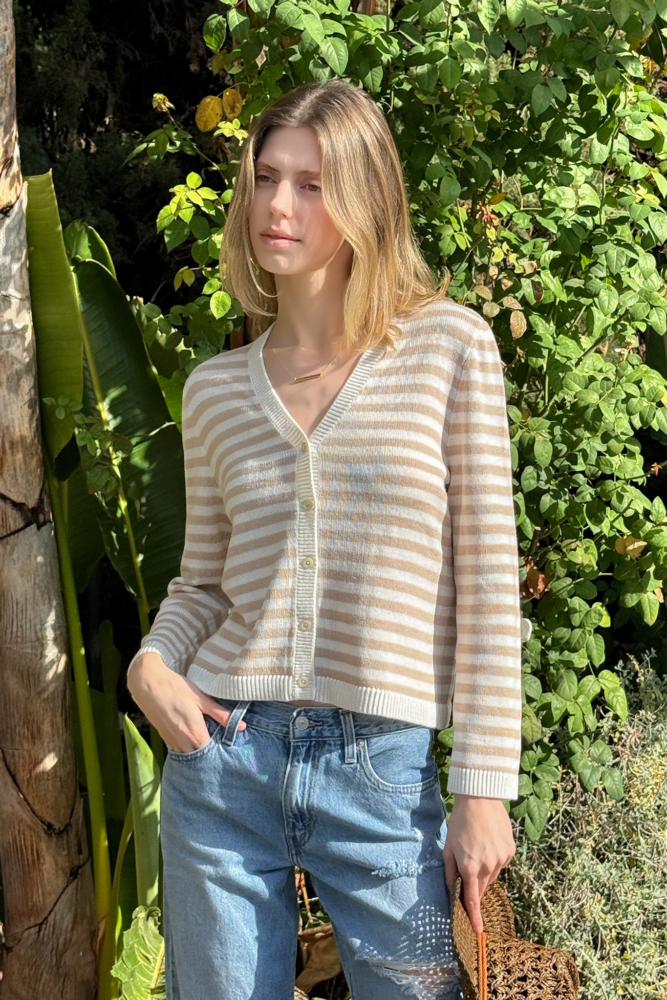 Montecito Striped Cotton Cardigan With Palm Tree Graphic