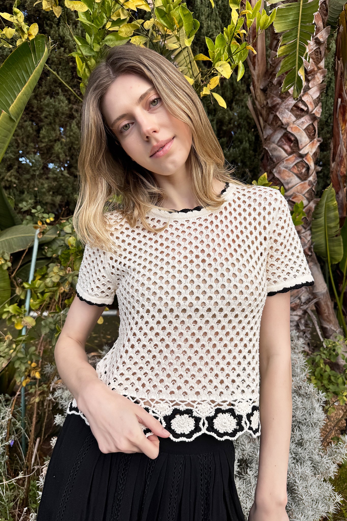Michele Short Sleeve Knit Top With Crochet Flower Hem