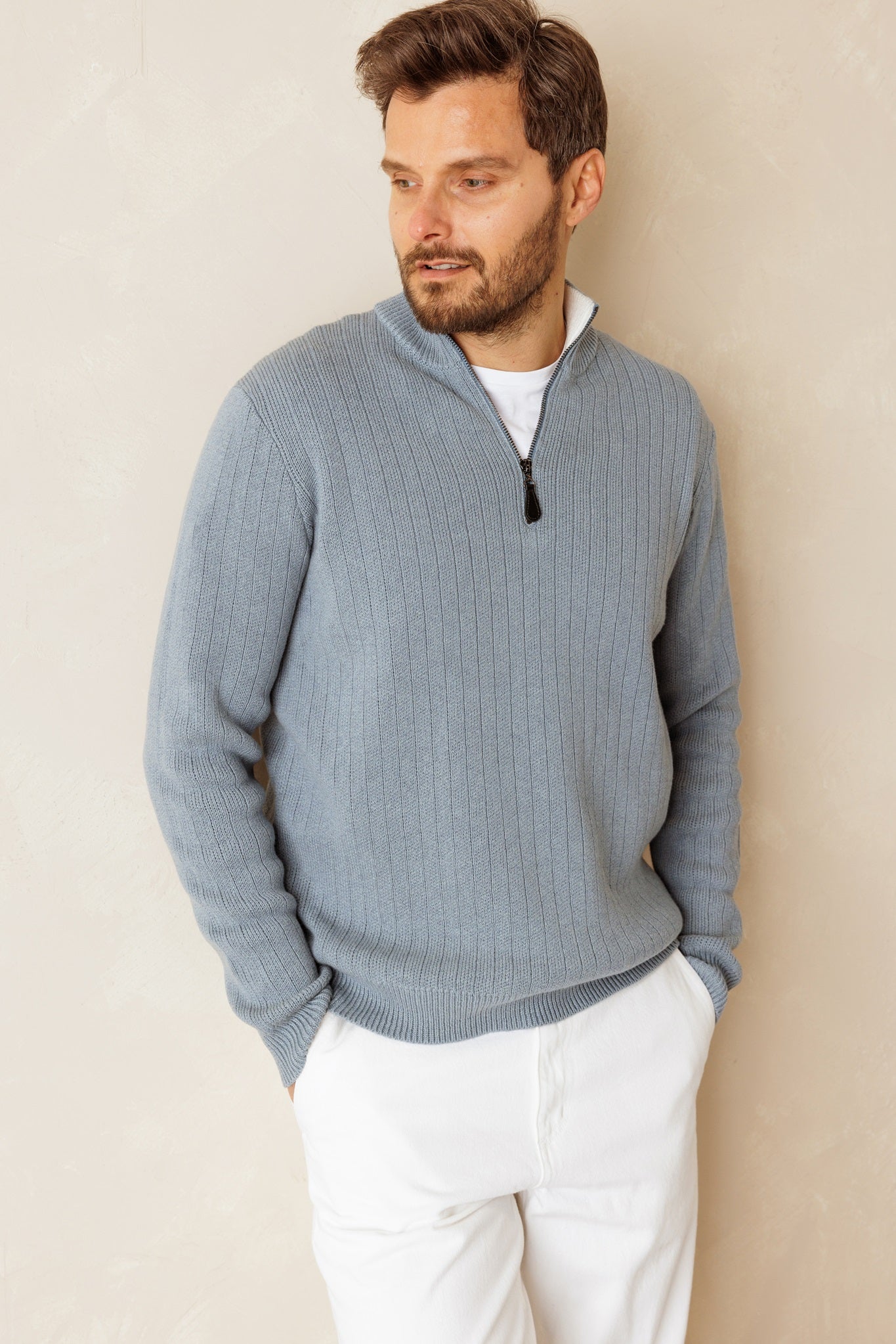 Cotton Cashmere Quarter Zip for Men | 27 Miles DUSTY BLUE / MEDIUM Cotton Cashmere Quarter Zip for Men | 27 Miles DUSTY BLUE / MEDIUM