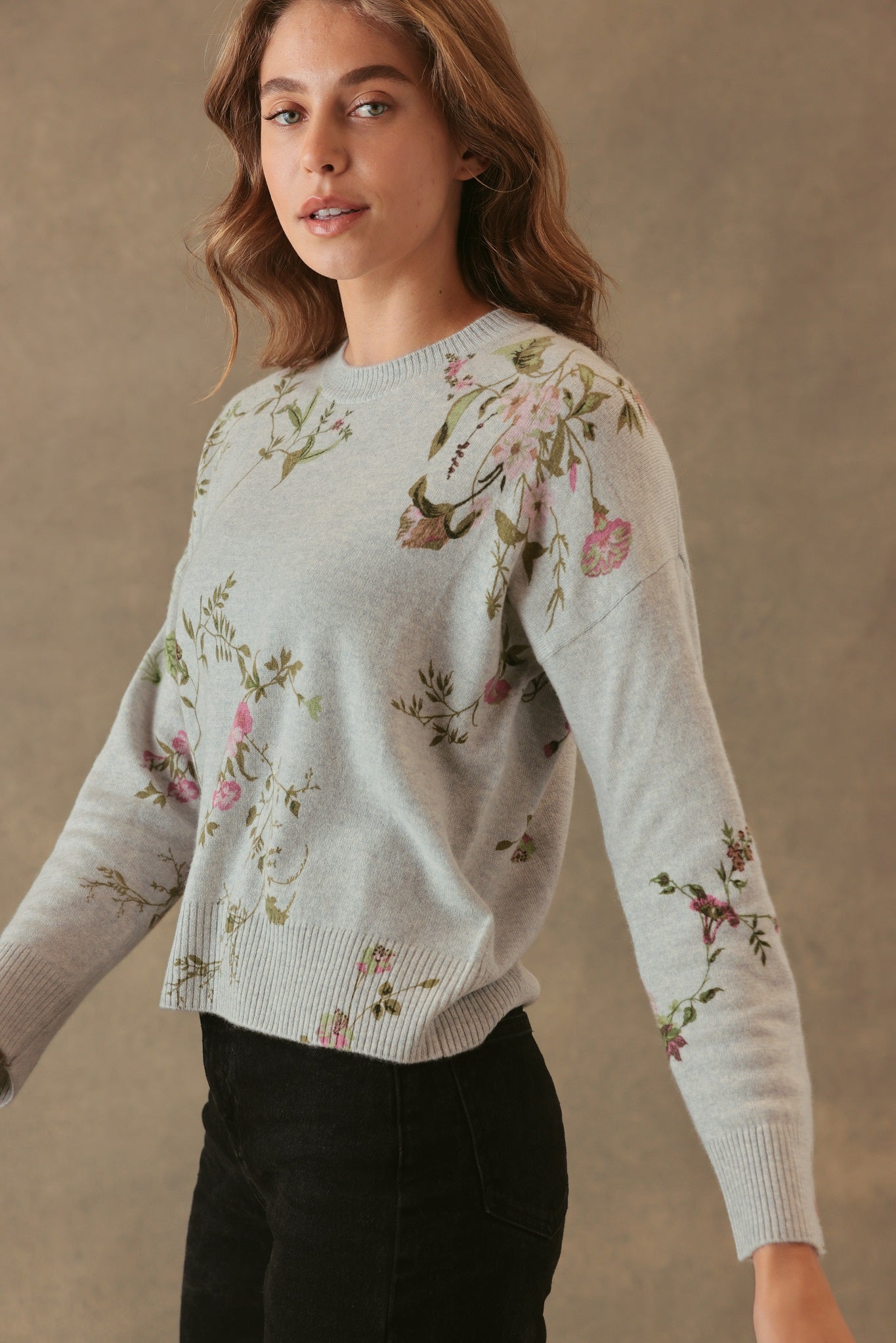 Bell Allover Floral Print Cashmere Crewneck