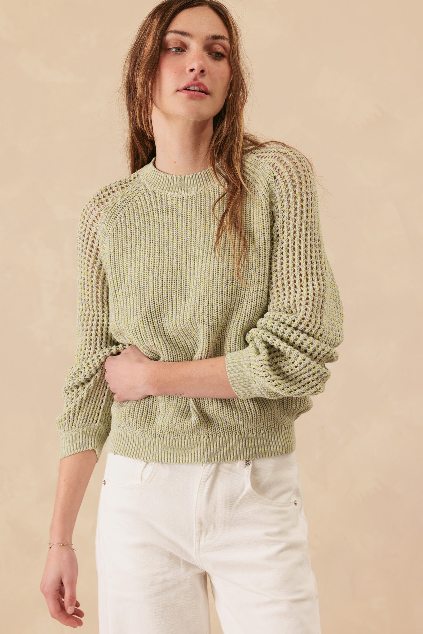 Bridget Cotton Crewneck With Open Stitch Sleeves