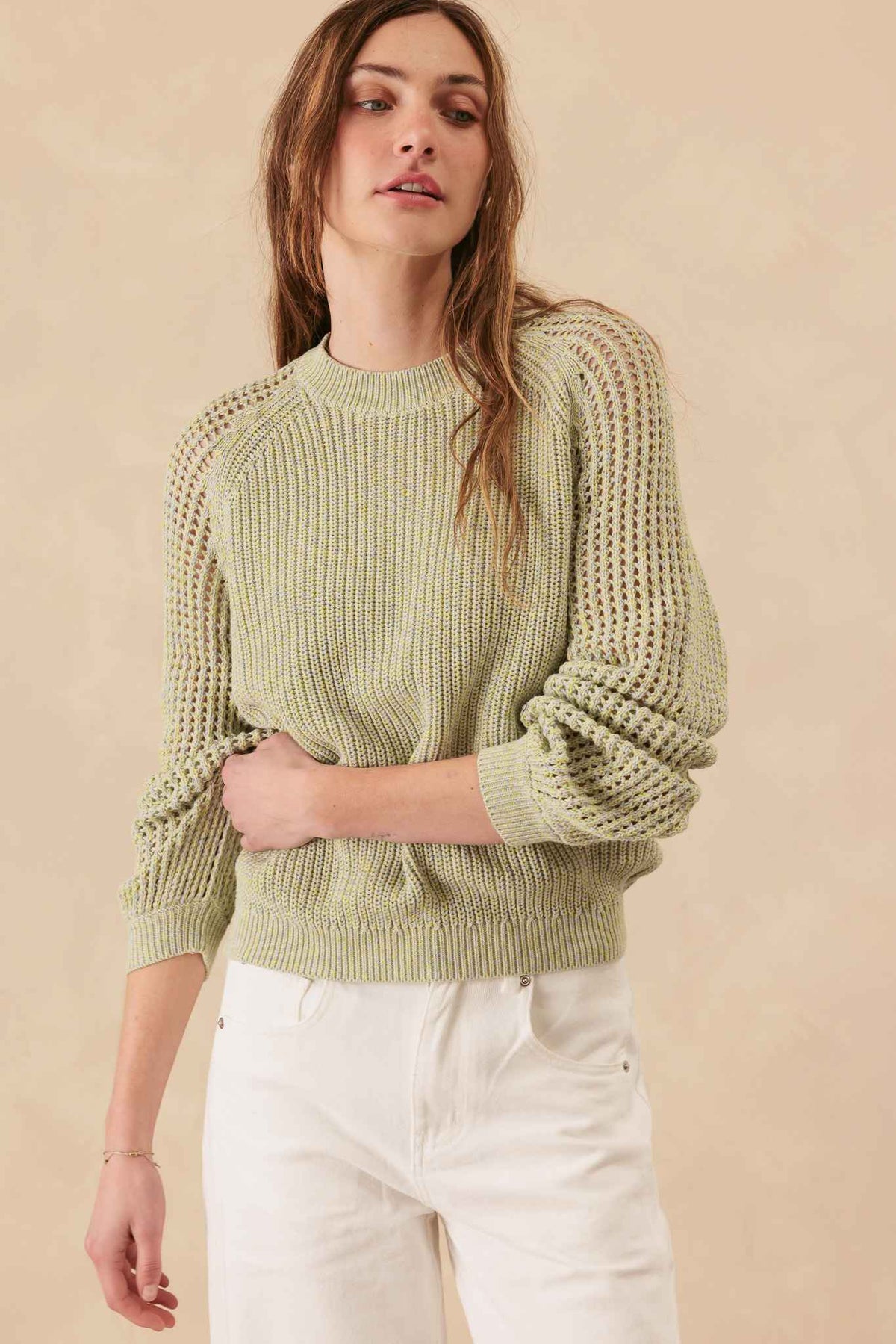 Bridget Cotton Crewneck With Open Stitch Sleeves