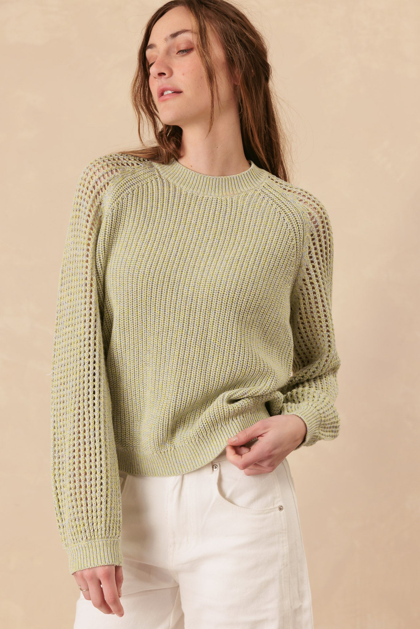 Bridget Cotton Crewneck With Open Stitch Sleeves