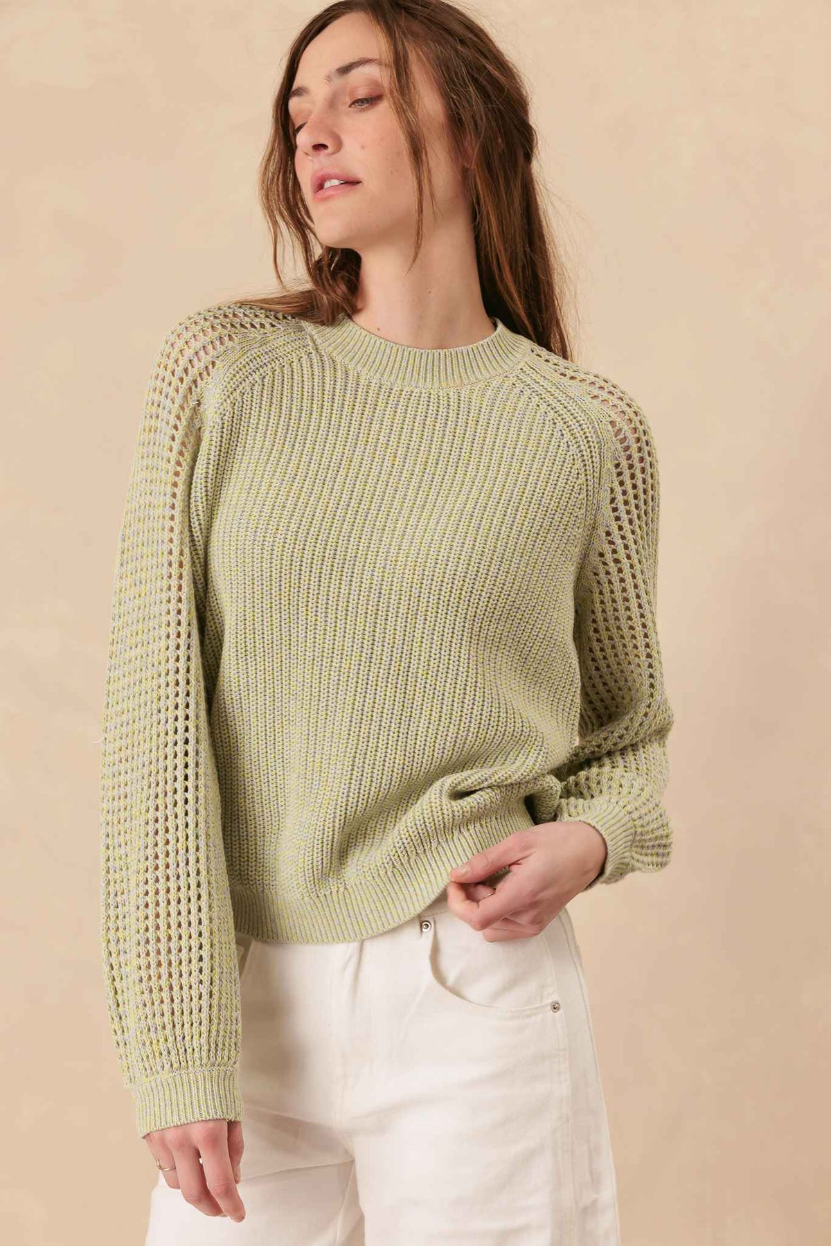 Bridget Cotton Crewneck With Open Stitch Sleeves
