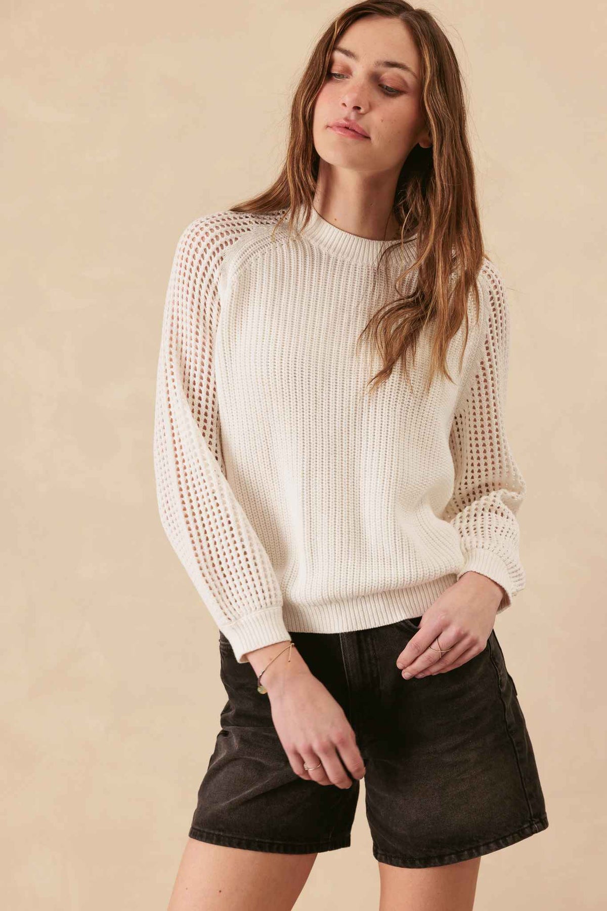 Bridget Cotton Crewneck With Open Stitch Sleeves