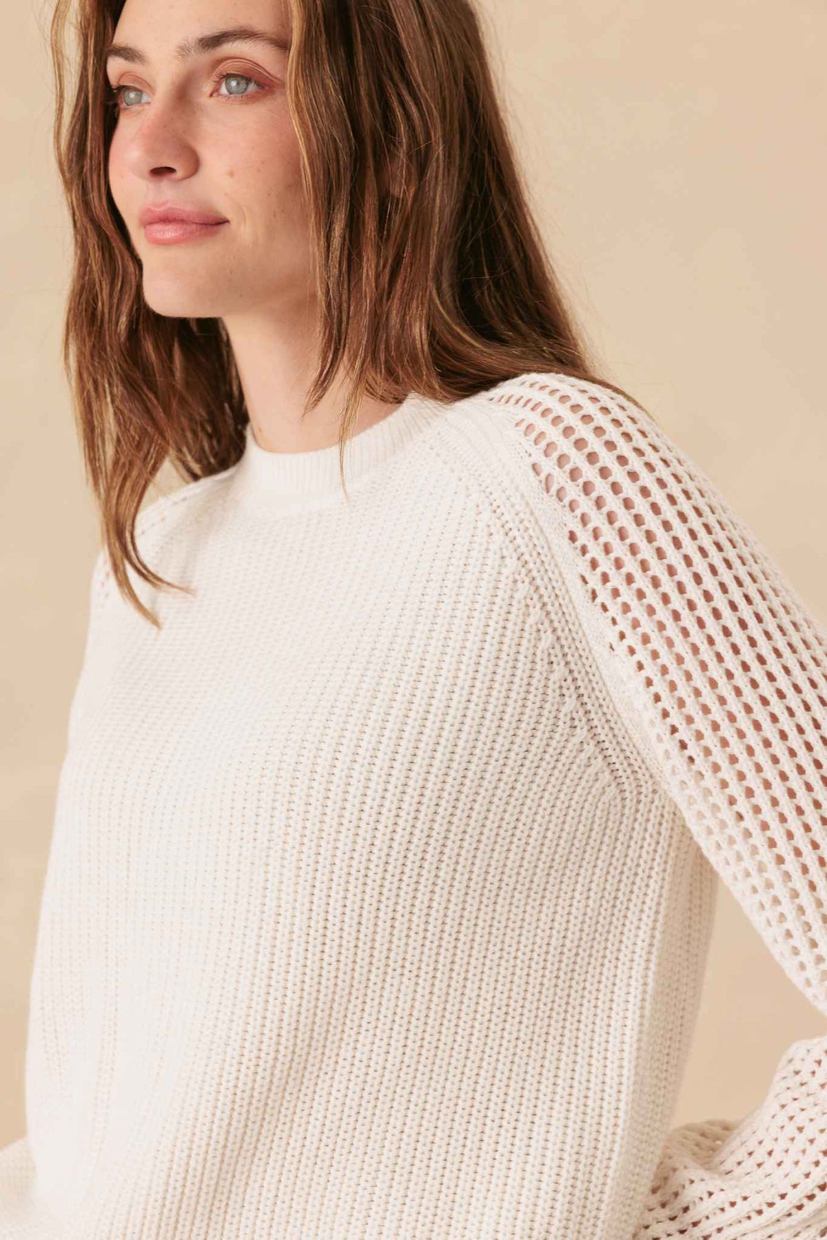 Bridget Cotton Crewneck With Open Stitch Sleeves
