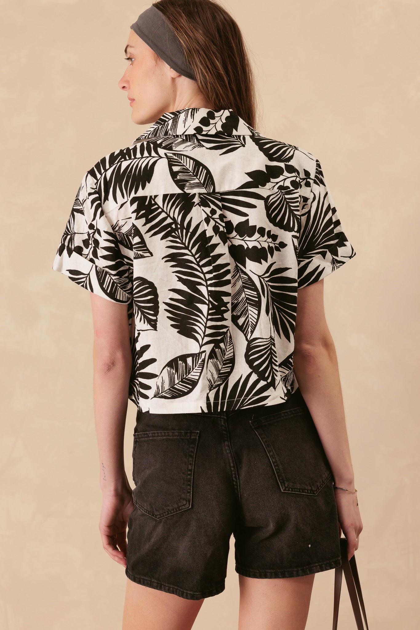 Jan Palm Print Linen Blend Boxy Cropped Shirt