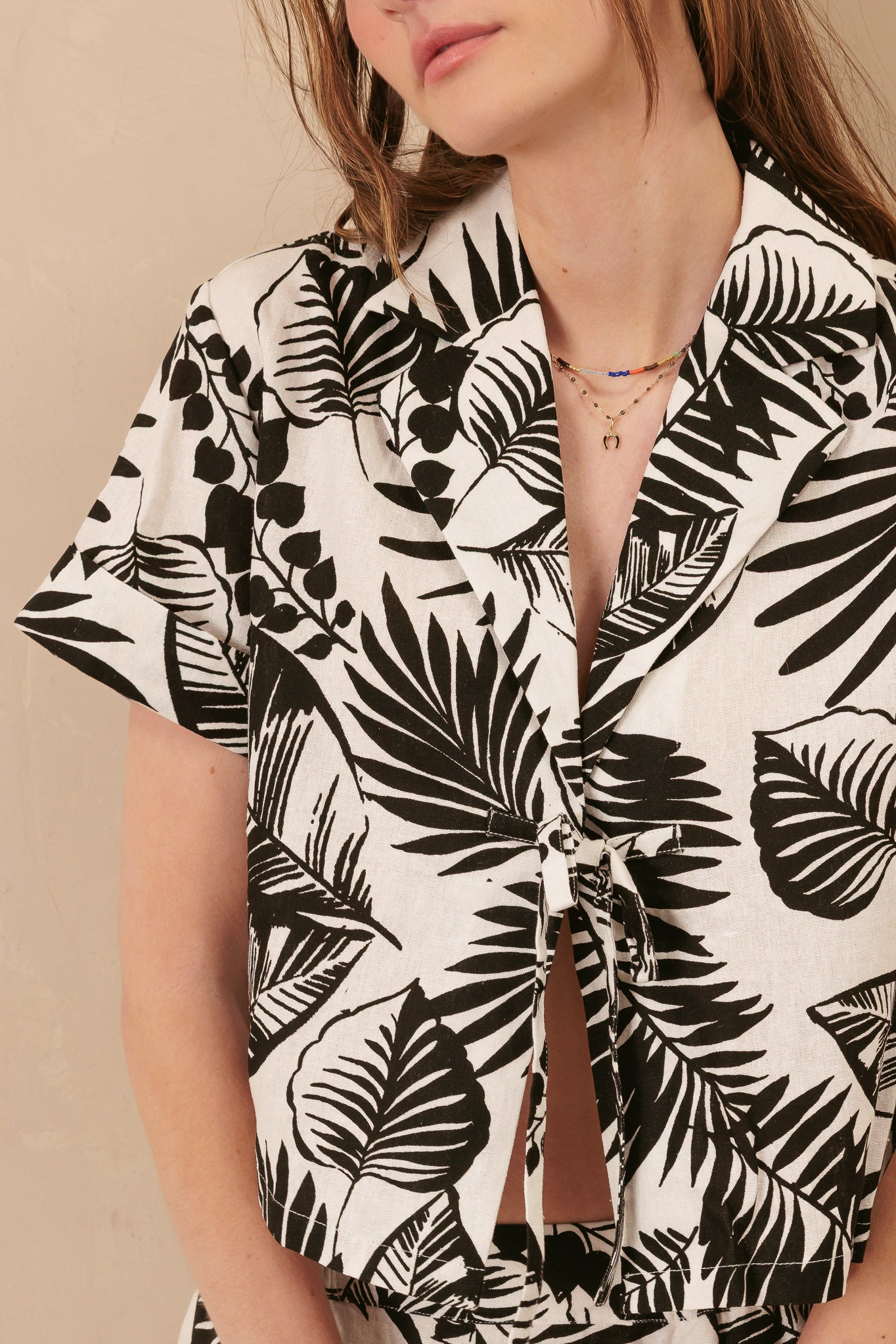Jan Palm Print Linen Blend Boxy Cropped Shirt