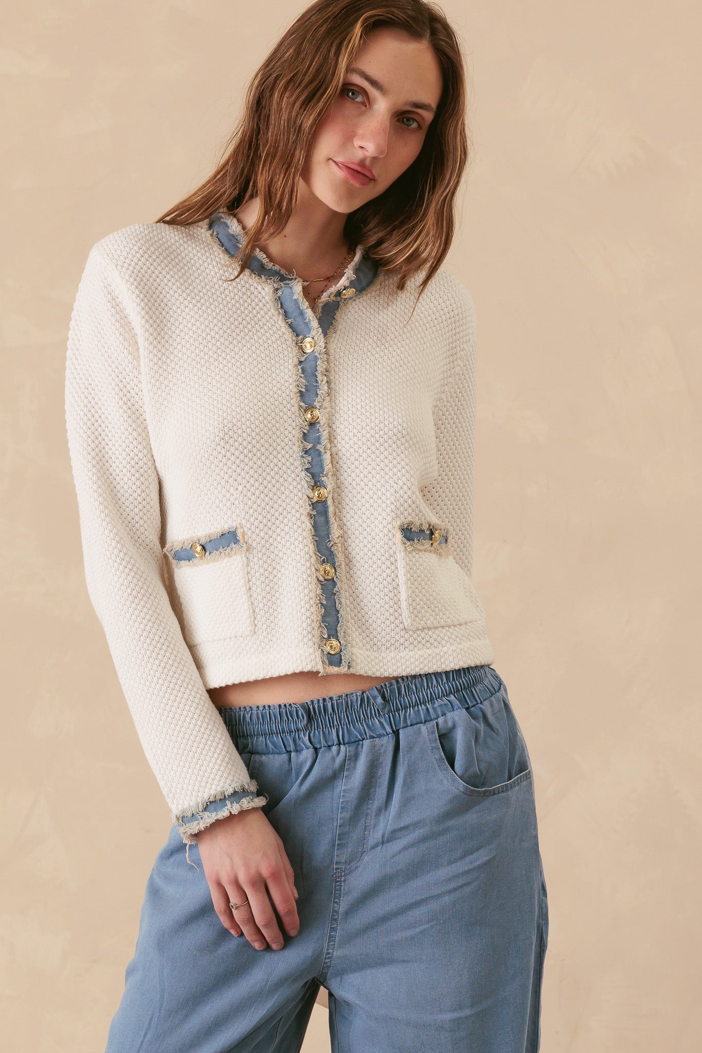 Sutton Cotton Lady Cardigan with Denim Trim *PRE-ORDER 4/30 DELIVERY*