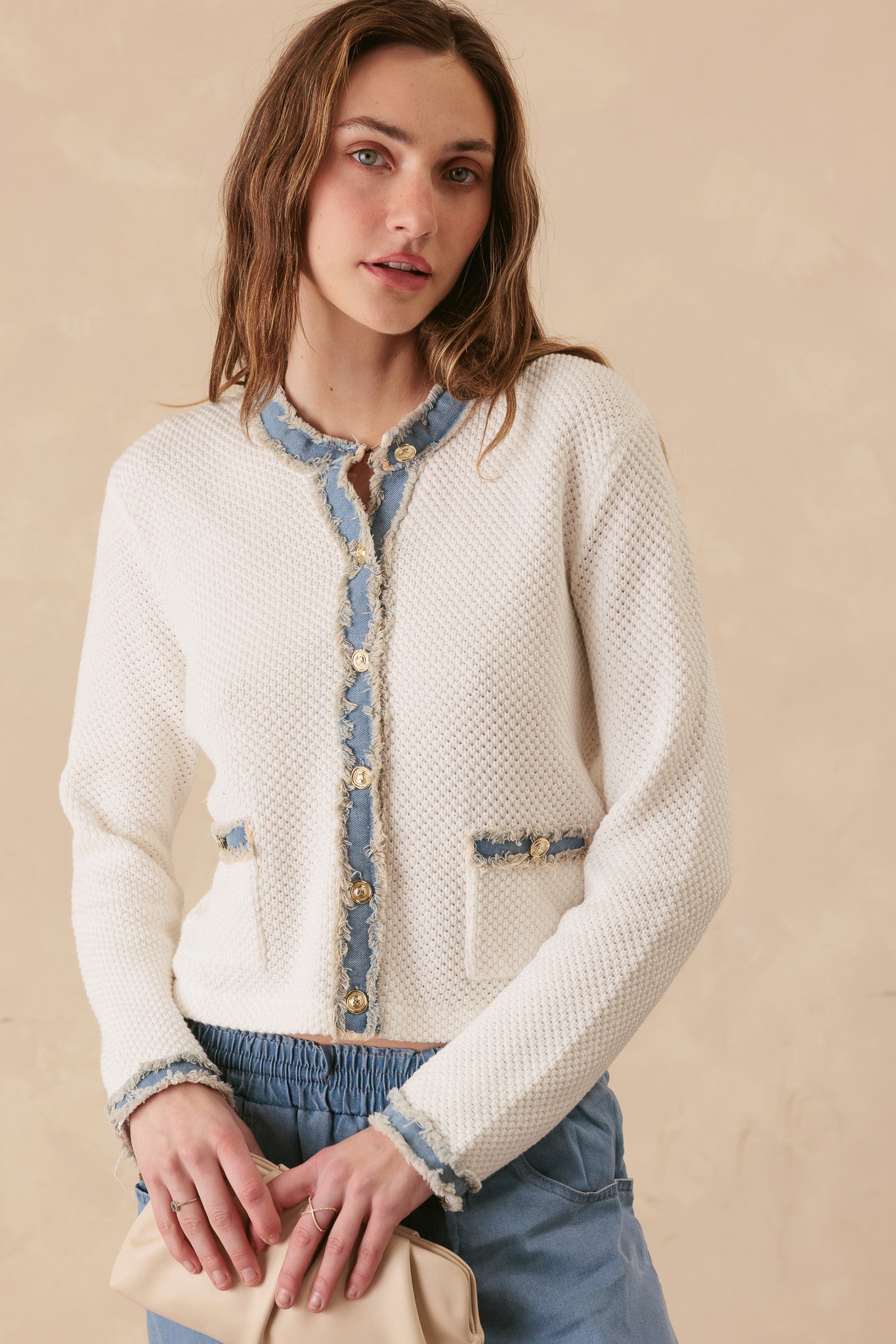 Sutton Cotton Lady Cardigan with Denim Trim *PRE-ORDER 4/30 DELIVERY*