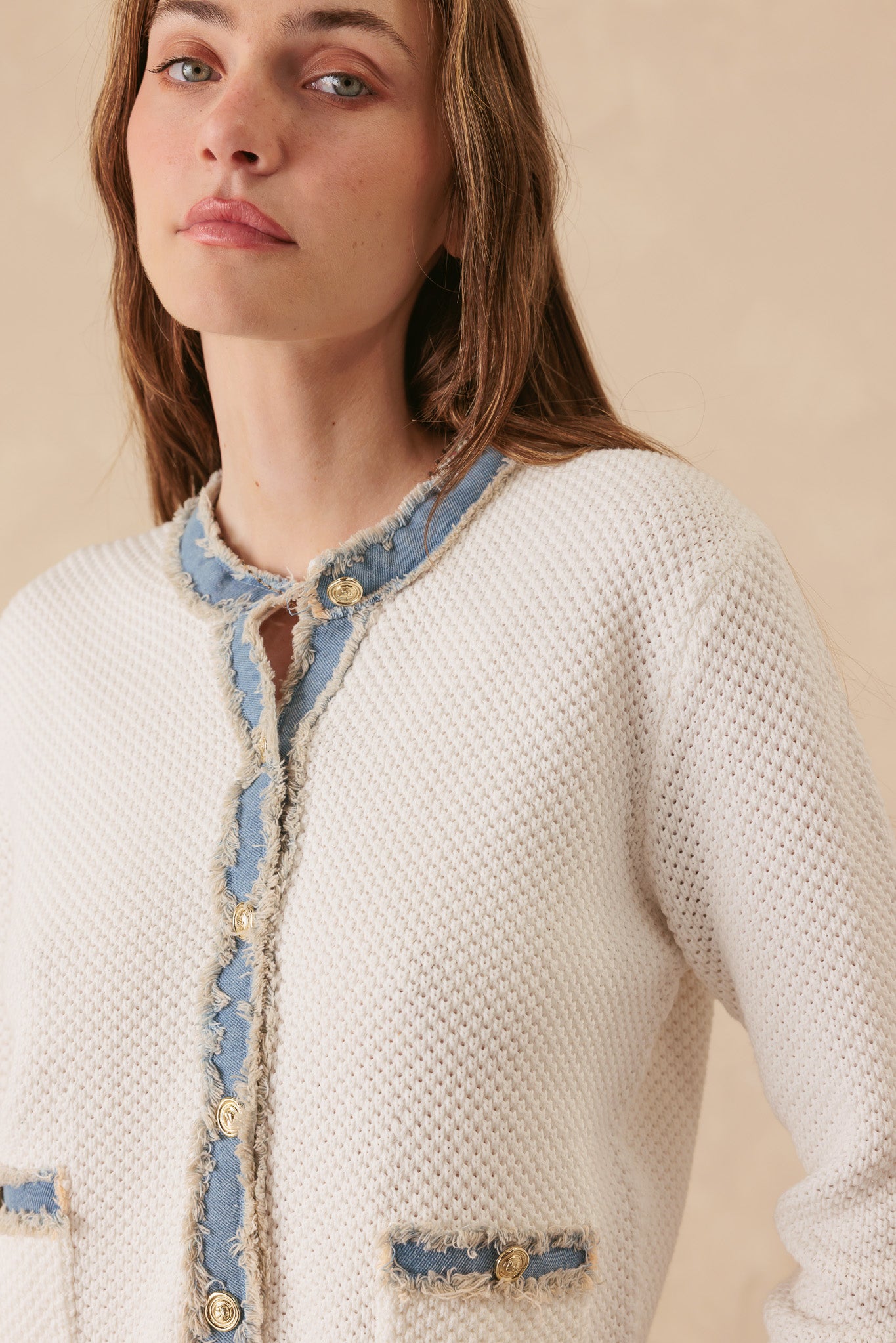 Sutton Cotton Lady Cardigan with Denim Trim *PRE-ORDER 4/30 DELIVERY*