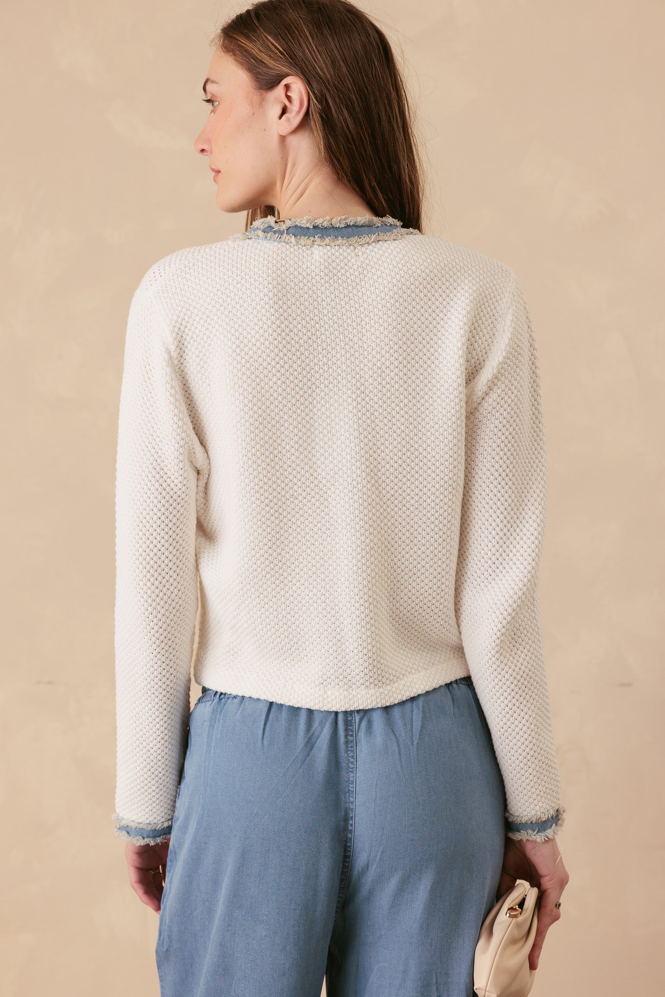 Sutton Cotton Lady Cardigan with Denim Trim