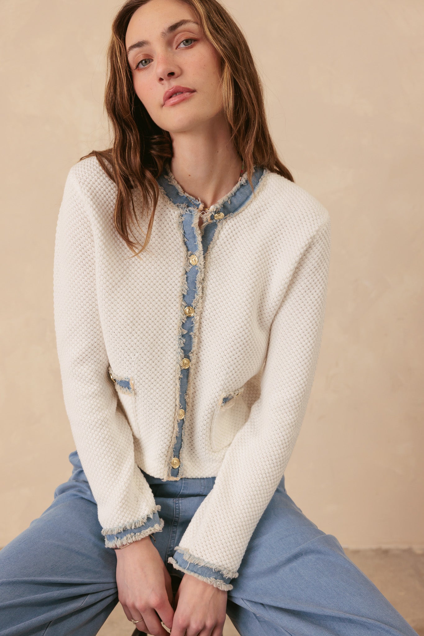 Sutton Cotton Lady Cardigan with Denim Trim