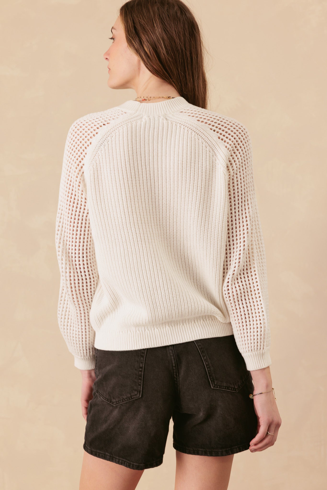 Bridget Cotton Crewneck With Open Stitch Sleeves
