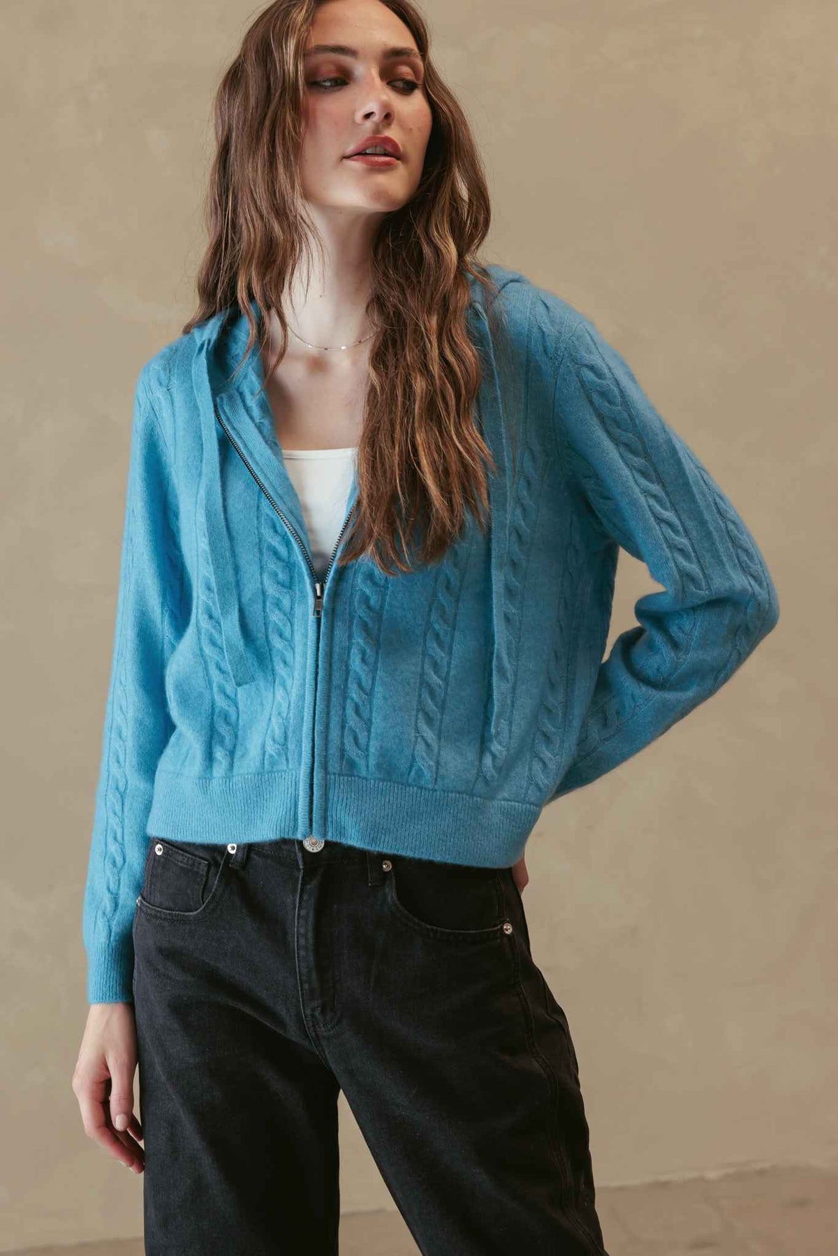 Anisa Cashmere Blend Cable Zip Hoodie