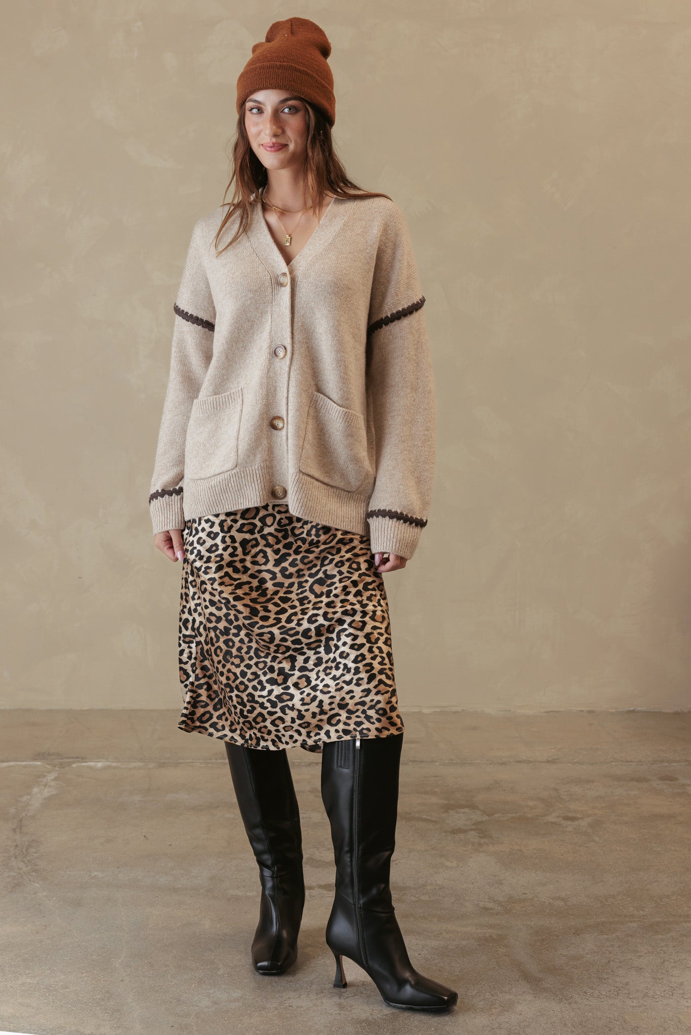 Cara Cashmere Cardigan with Contrast Stitching