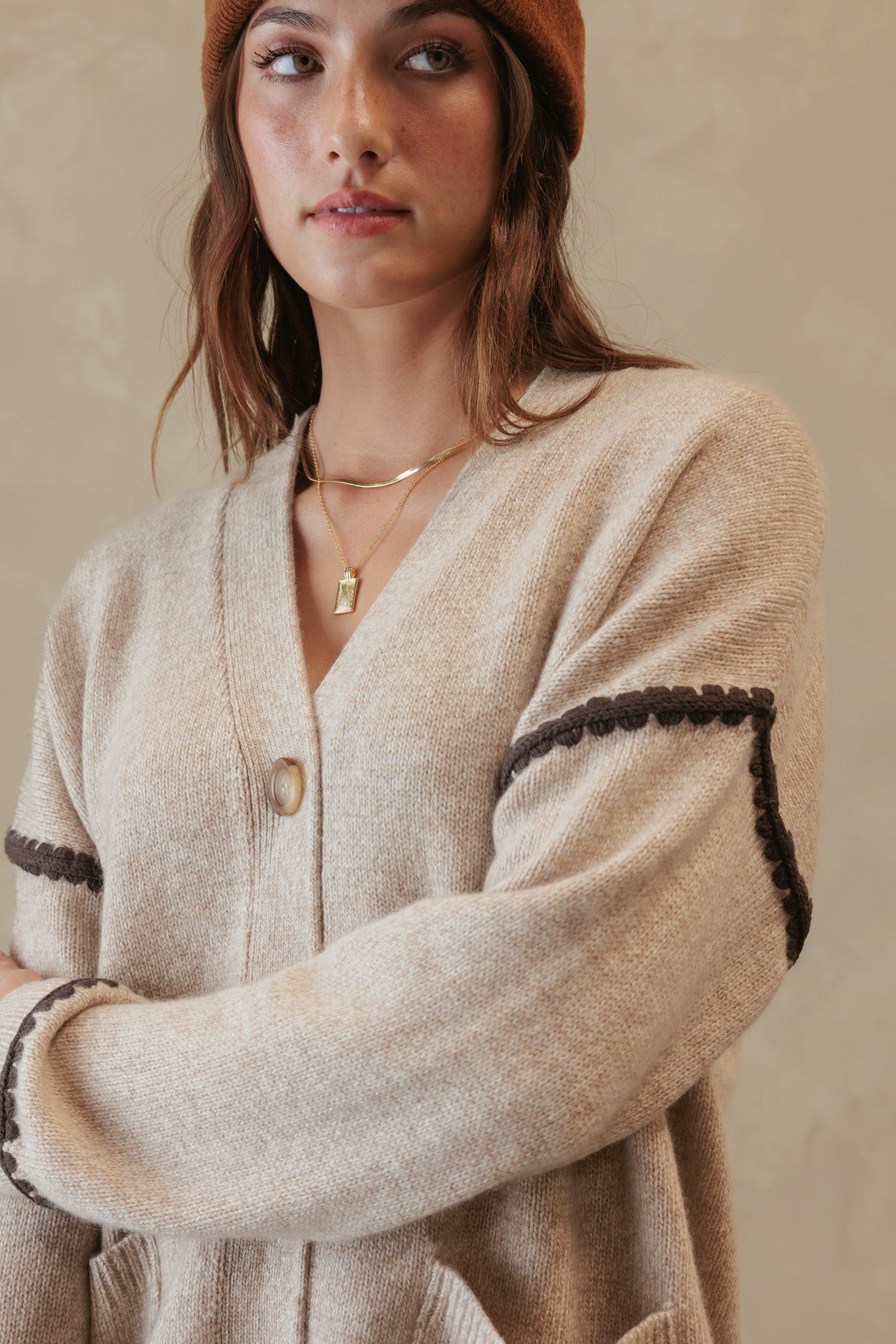 Cara Cashmere Cardigan with Contrast Stitching