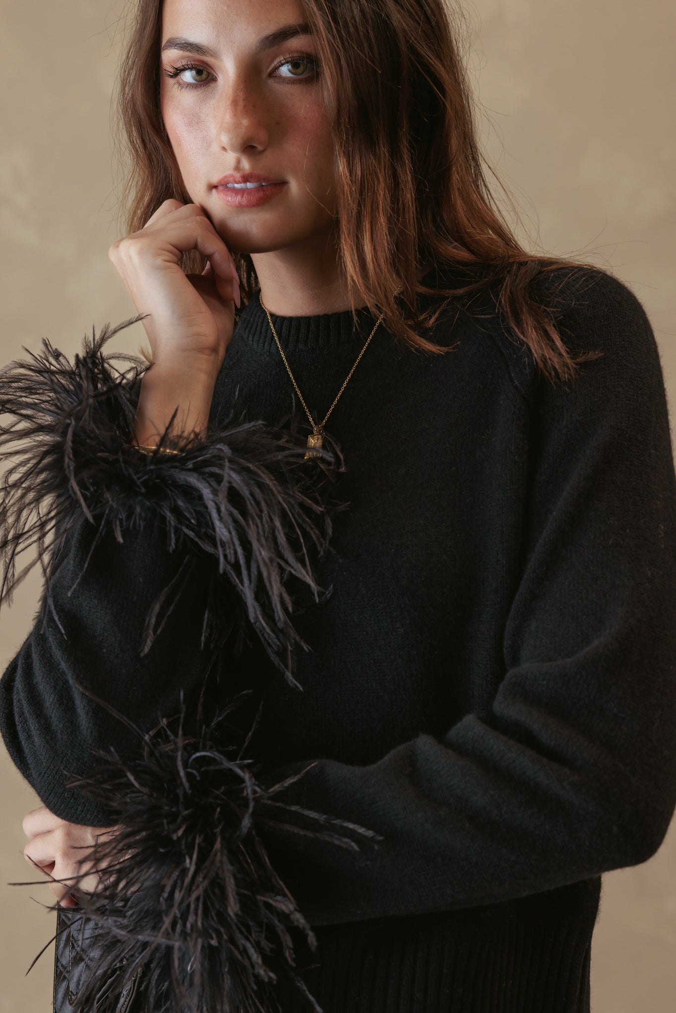 Catriona Cashmere Cropped Crew with Feather Cuffs