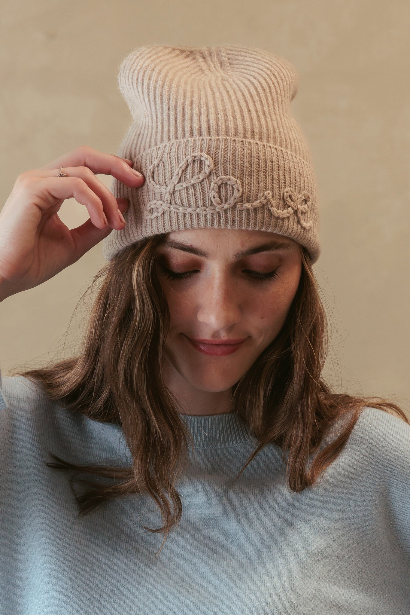 Dolce Cashmere Beanie with Love Embroidery