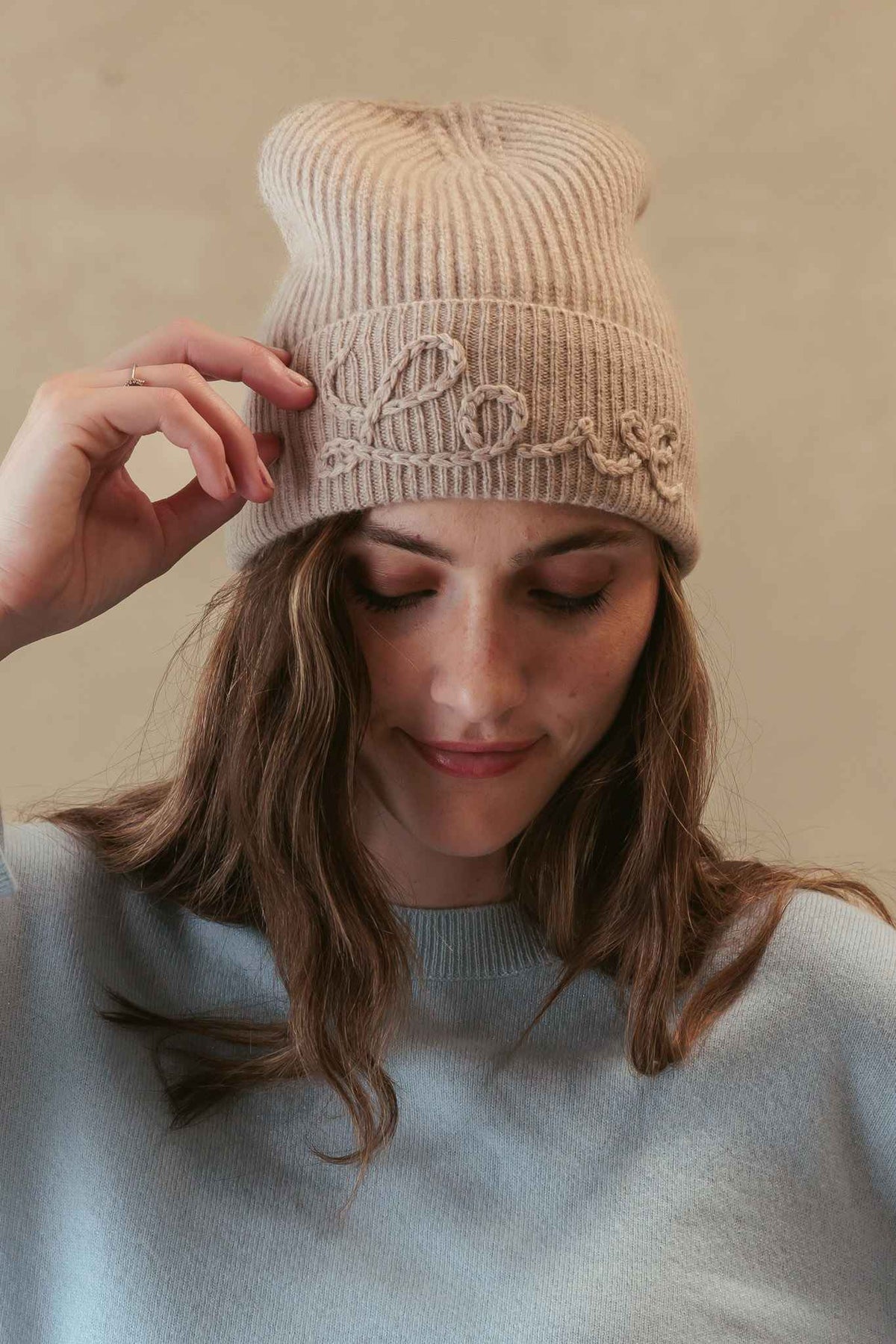 Dolce Cashmere Beanie with Love Embroidery