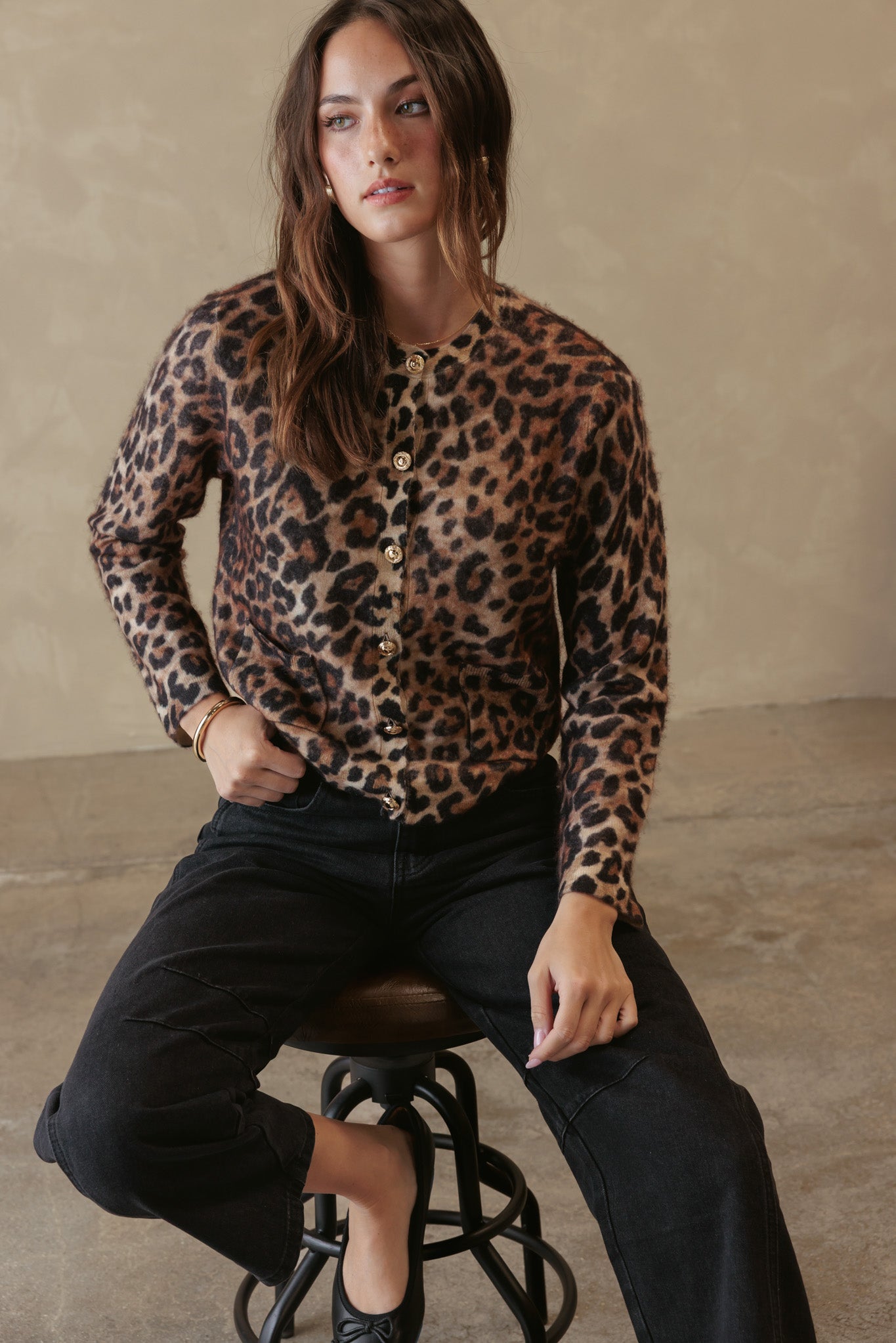 Robbie Cashmere Leopard Print Cardigan