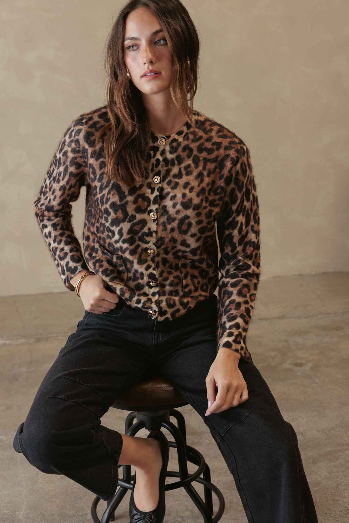 Robbie Cashmere Leopard Print Cardigan