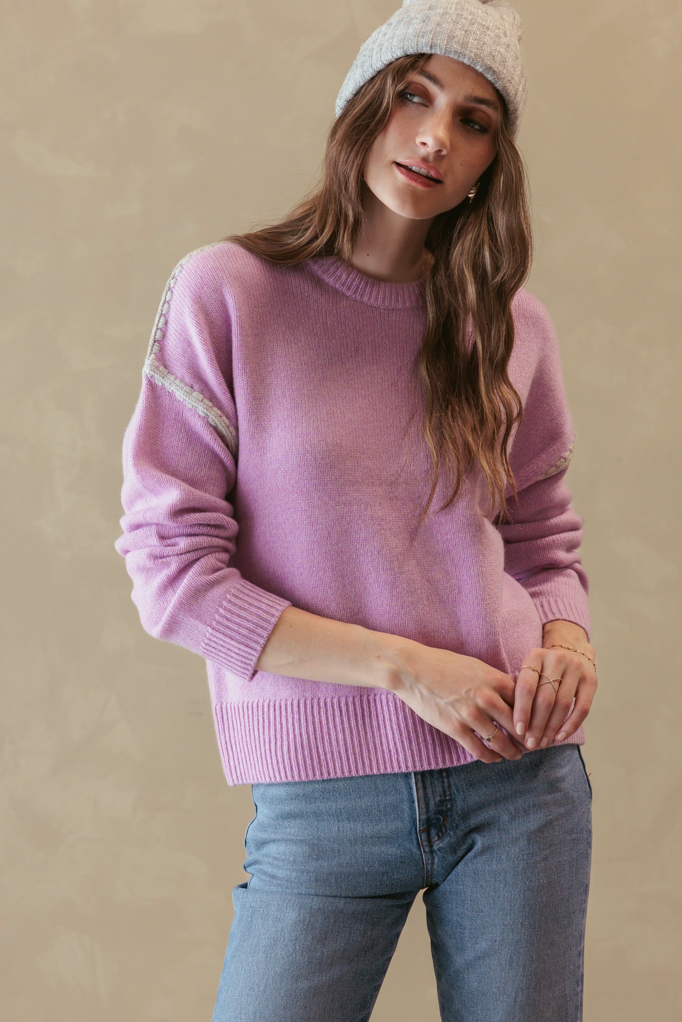 Maika Cashmere Crew with Contrast Stitching