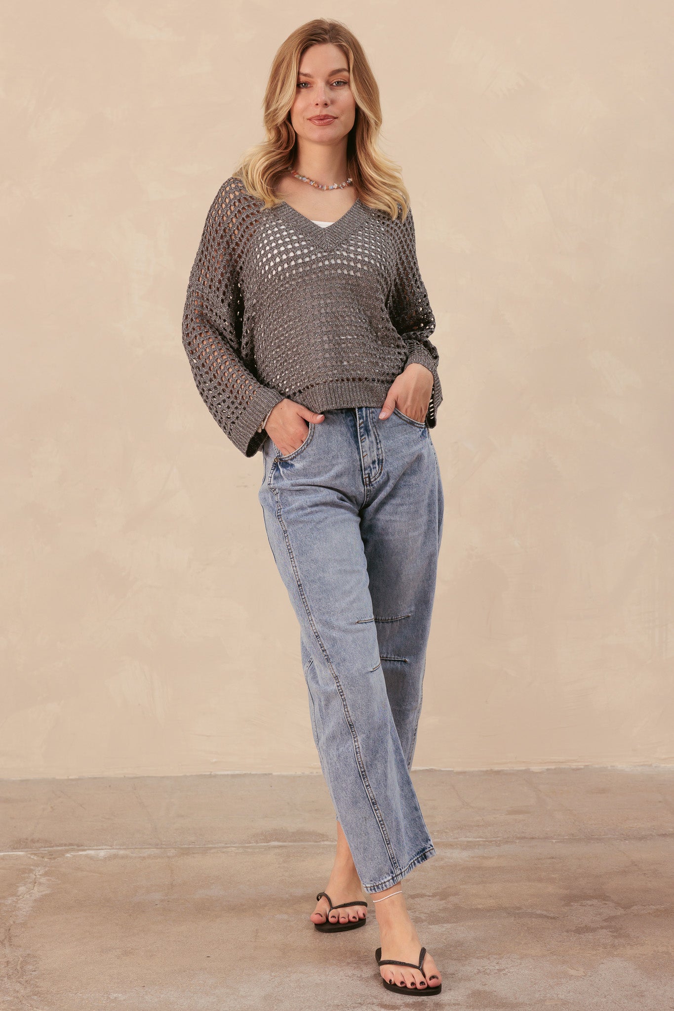 Elcy Sequin Open Stitch V Neck Knit Top