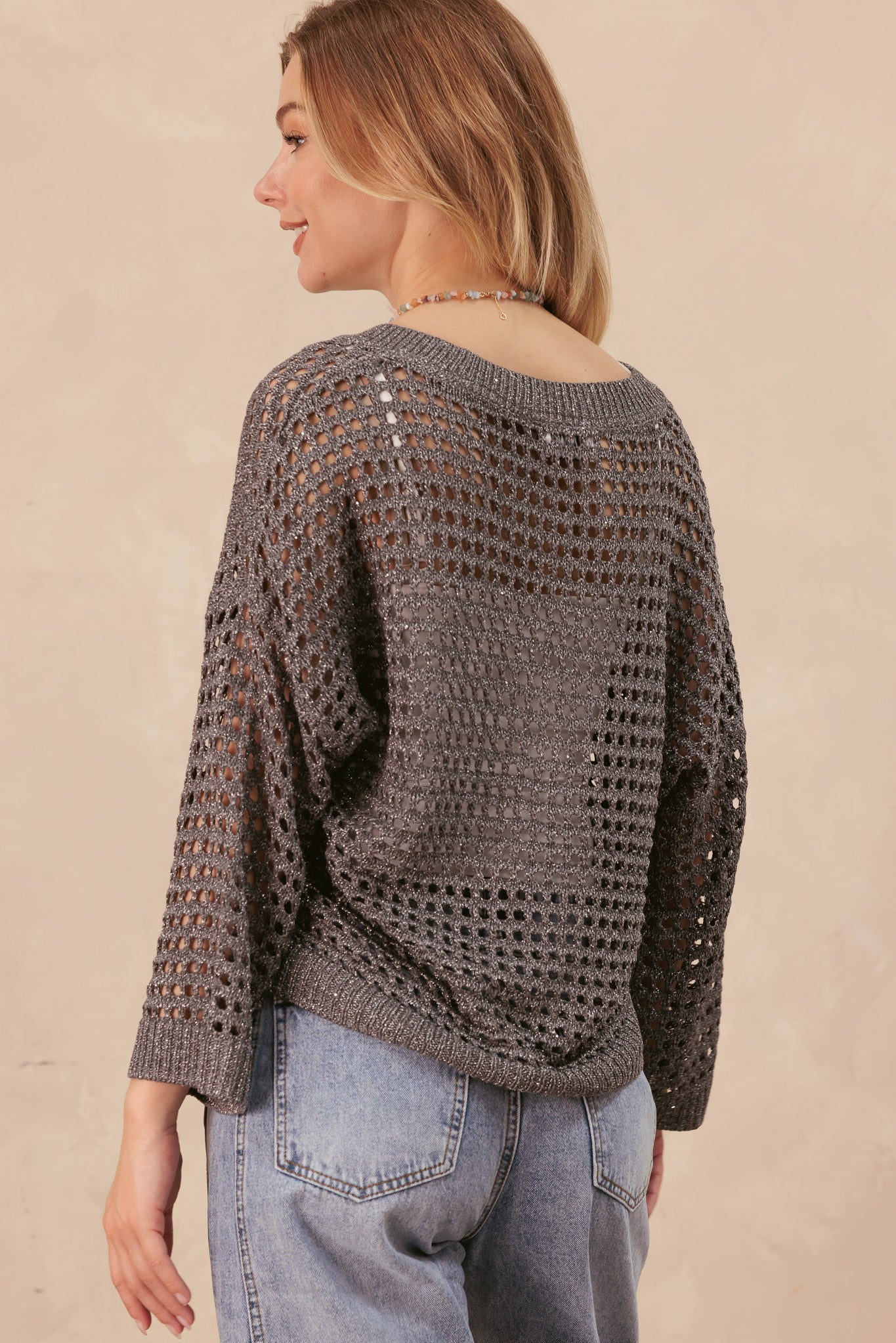 Elcy Sequin Open Stitch V Neck Knit Top