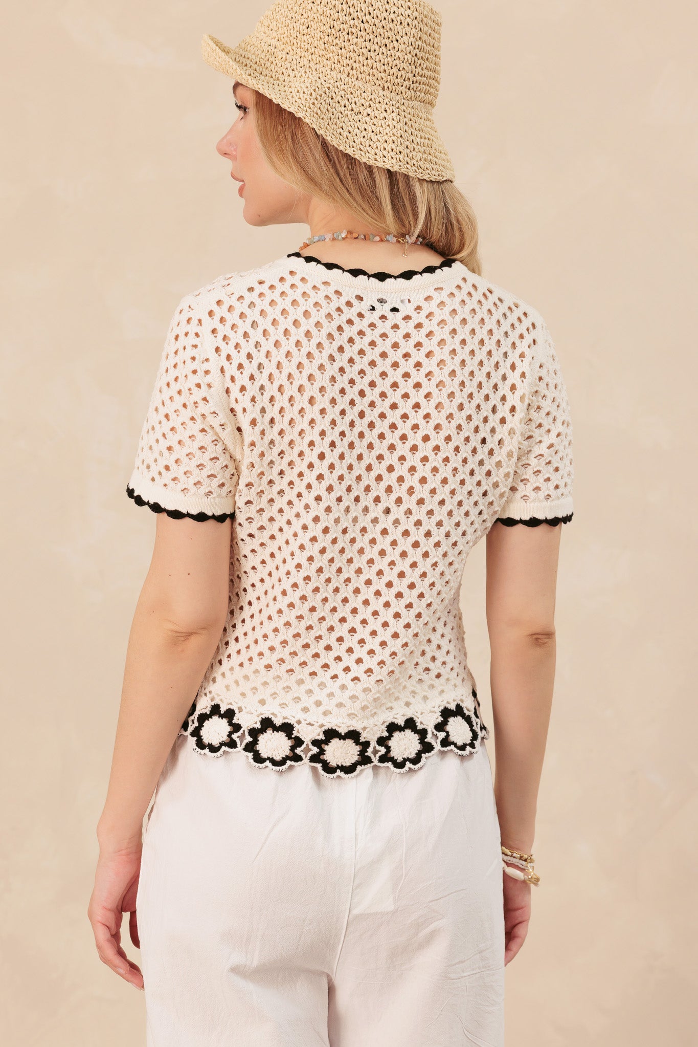 Michele Short Sleeve Knit Top With Crochet Flower Hem