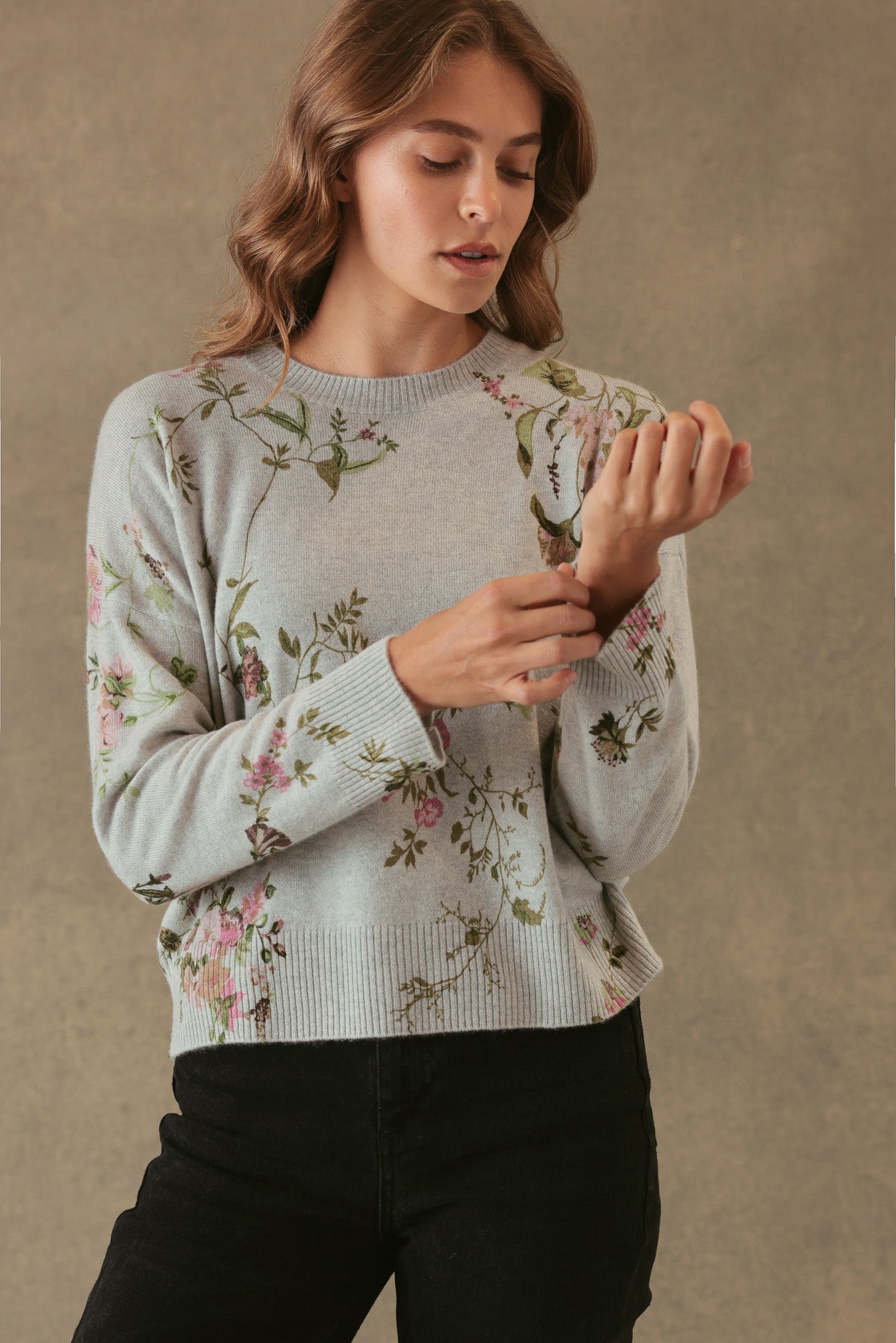 Bell Allover Floral Print Cashmere Crewneck