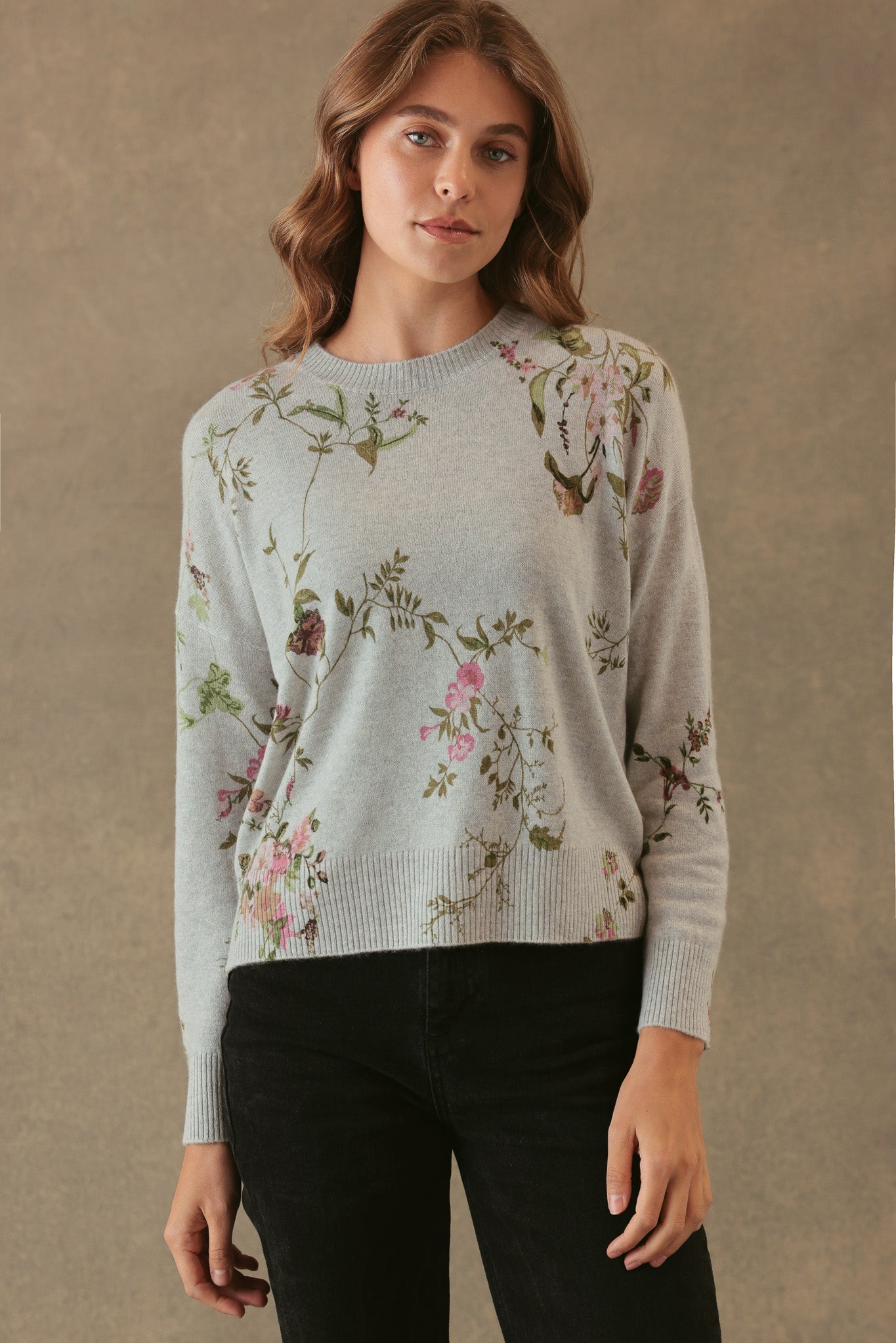 Bell Allover Floral Print Cashmere Crewneck