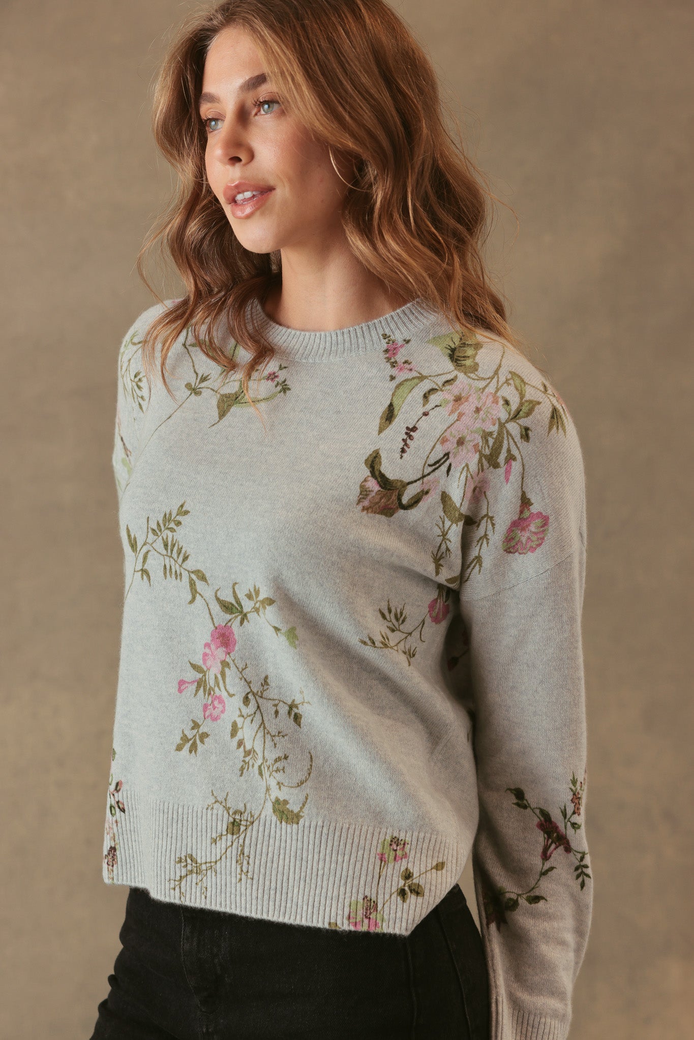Bell Allover Floral Print Cashmere Crewneck
