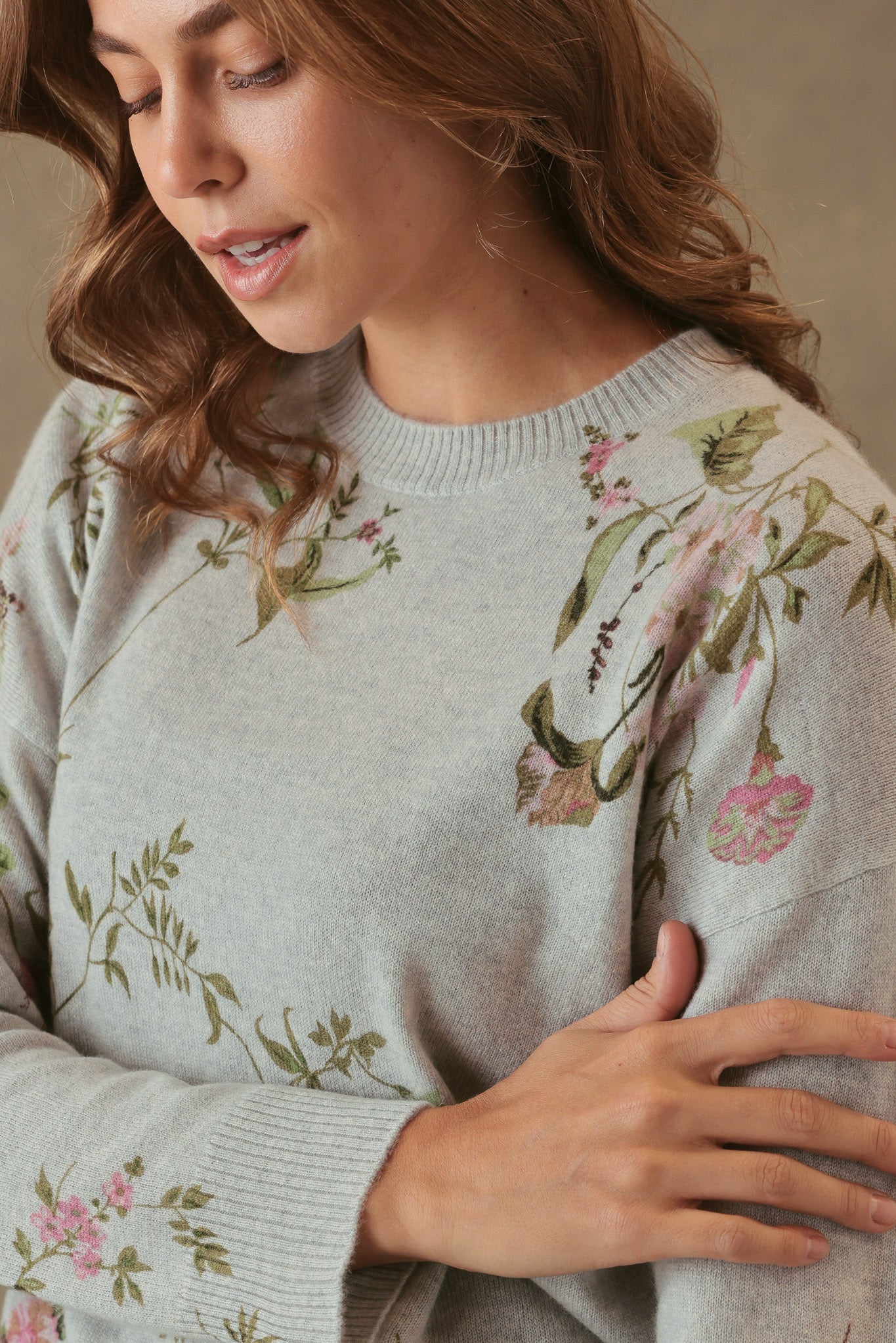 Bell Allover Floral Print Cashmere Crewneck