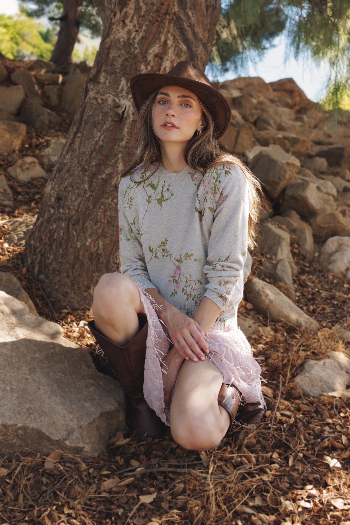 Bell Allover Floral Print Cashmere Crewneck