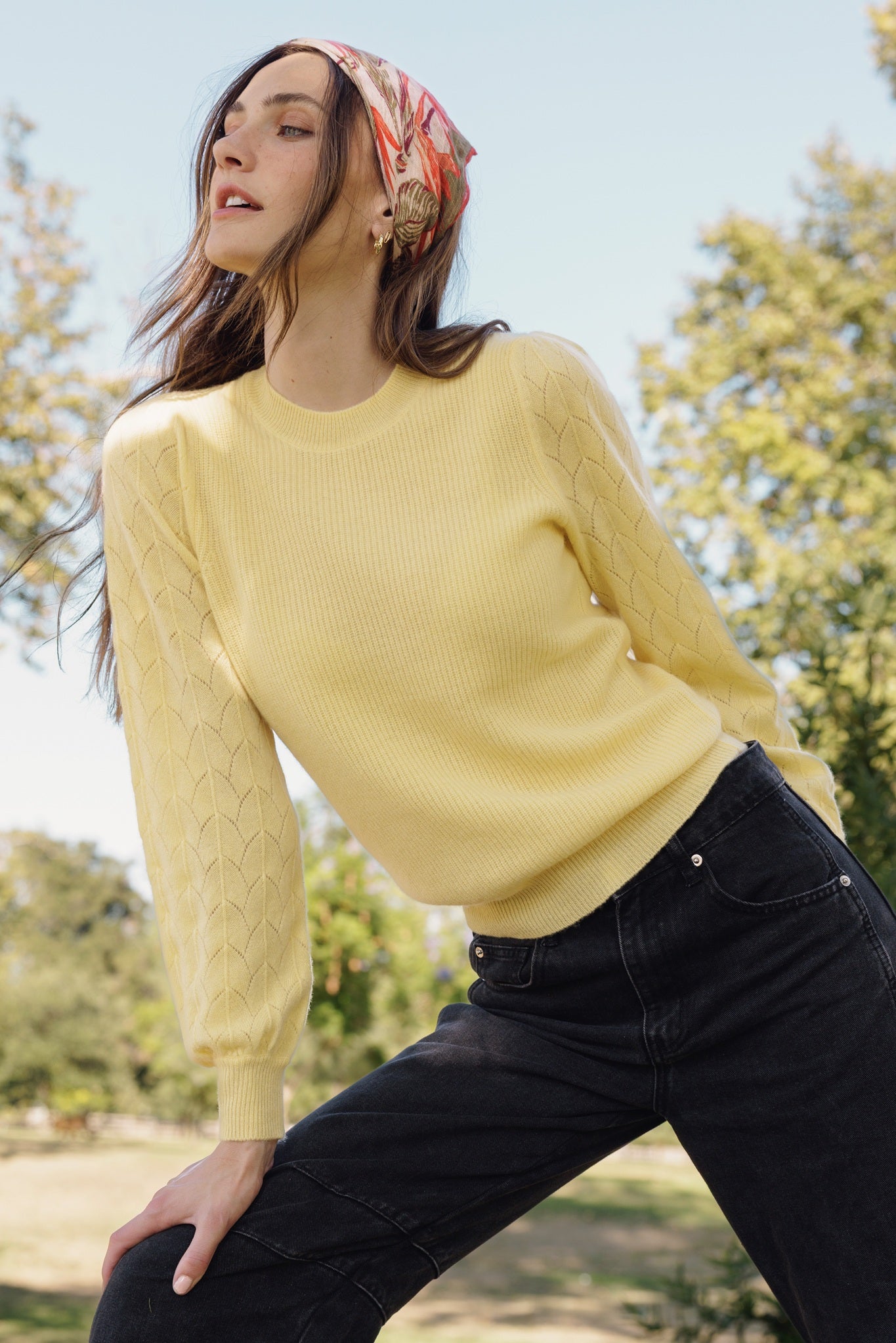 Hinnen Cashmere Crewneck with Pointelle on Sleeves