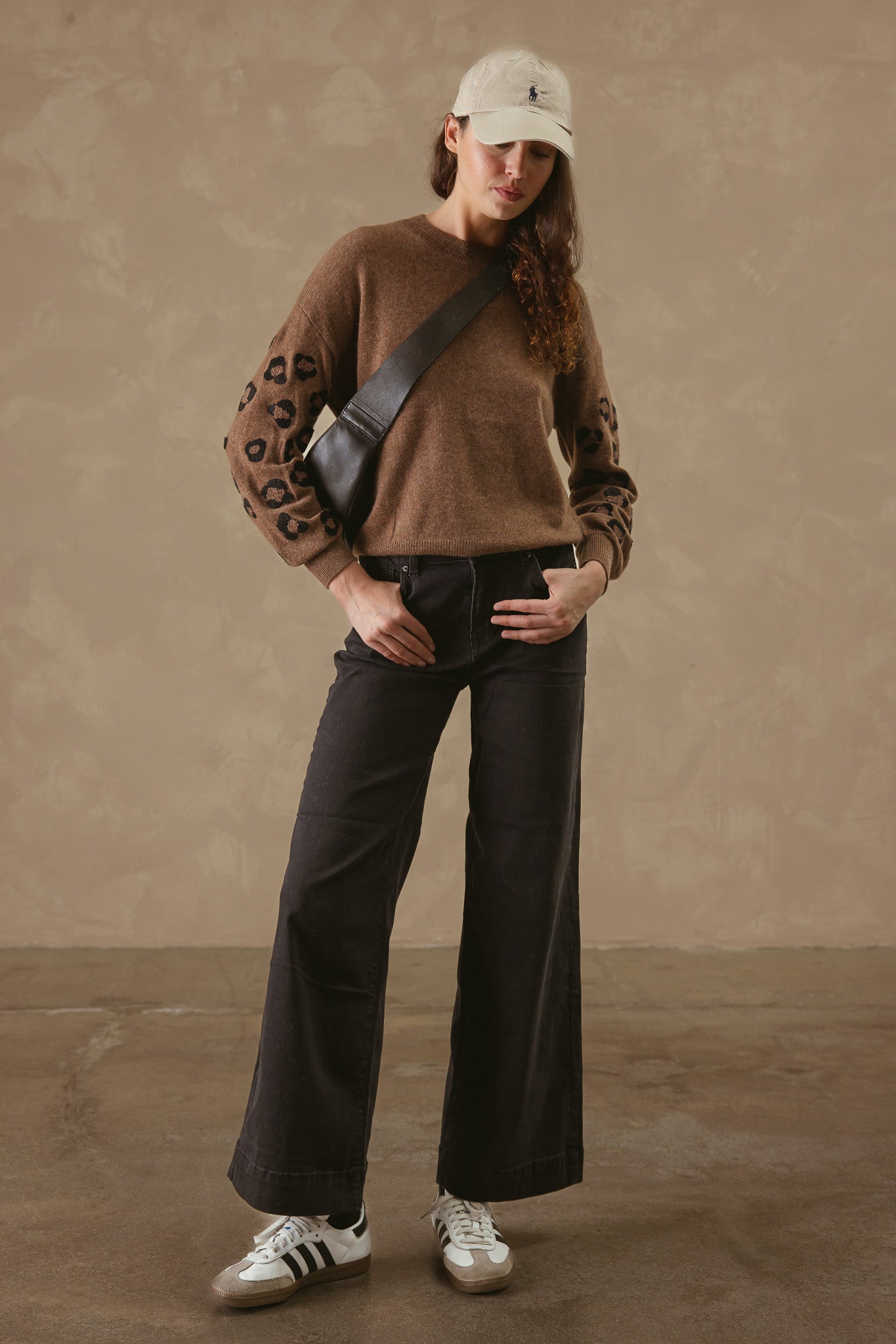 Cordelia Cashmere Crew with Leopard Embroidery on Sleeves