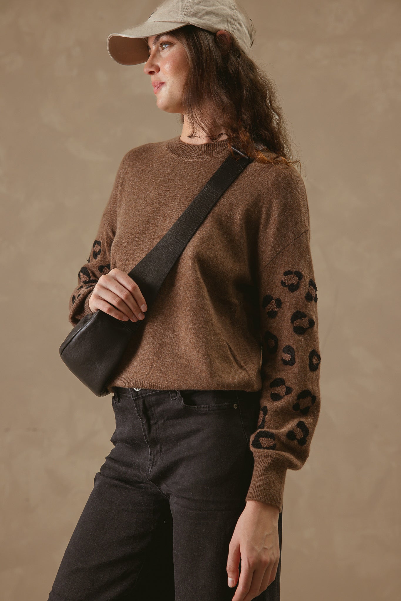 Cordelia Cashmere Crew with Leopard Embroidery on Sleeves