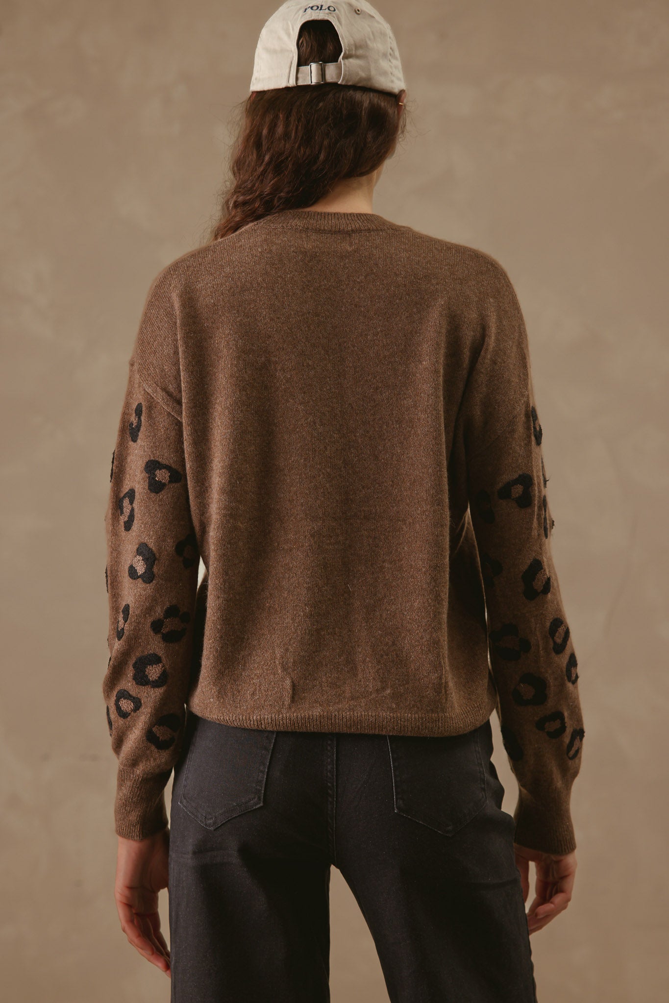Cordelia Cashmere Crew with Leopard Embroidery on Sleeves