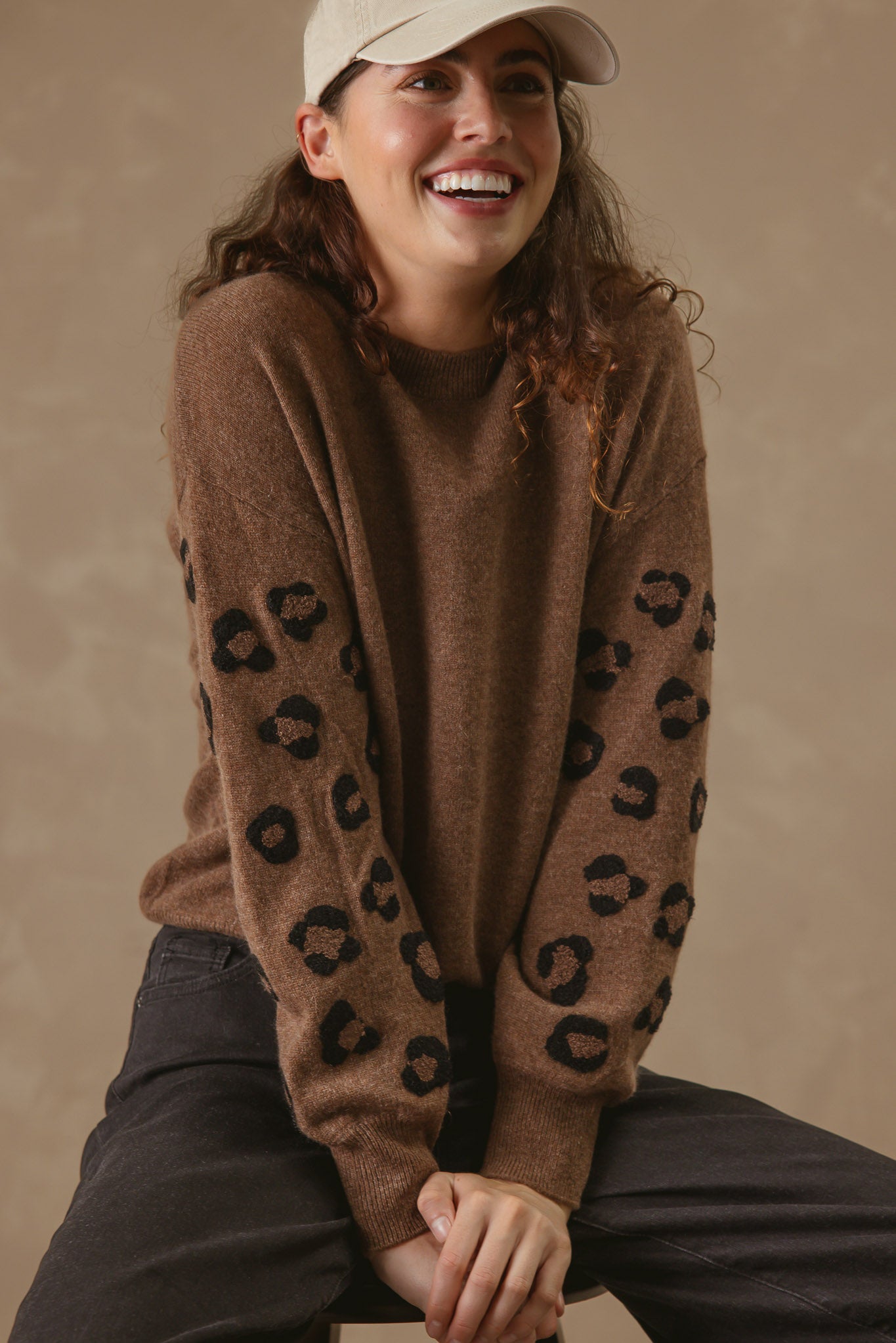 Cordelia Cashmere Crew with Leopard Embroidery on Sleeves
